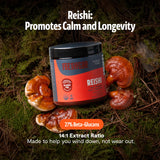FreshCap Mushrooms Ayurveda Reishi, textura del polvo en primer plano, fácil de mezclar.