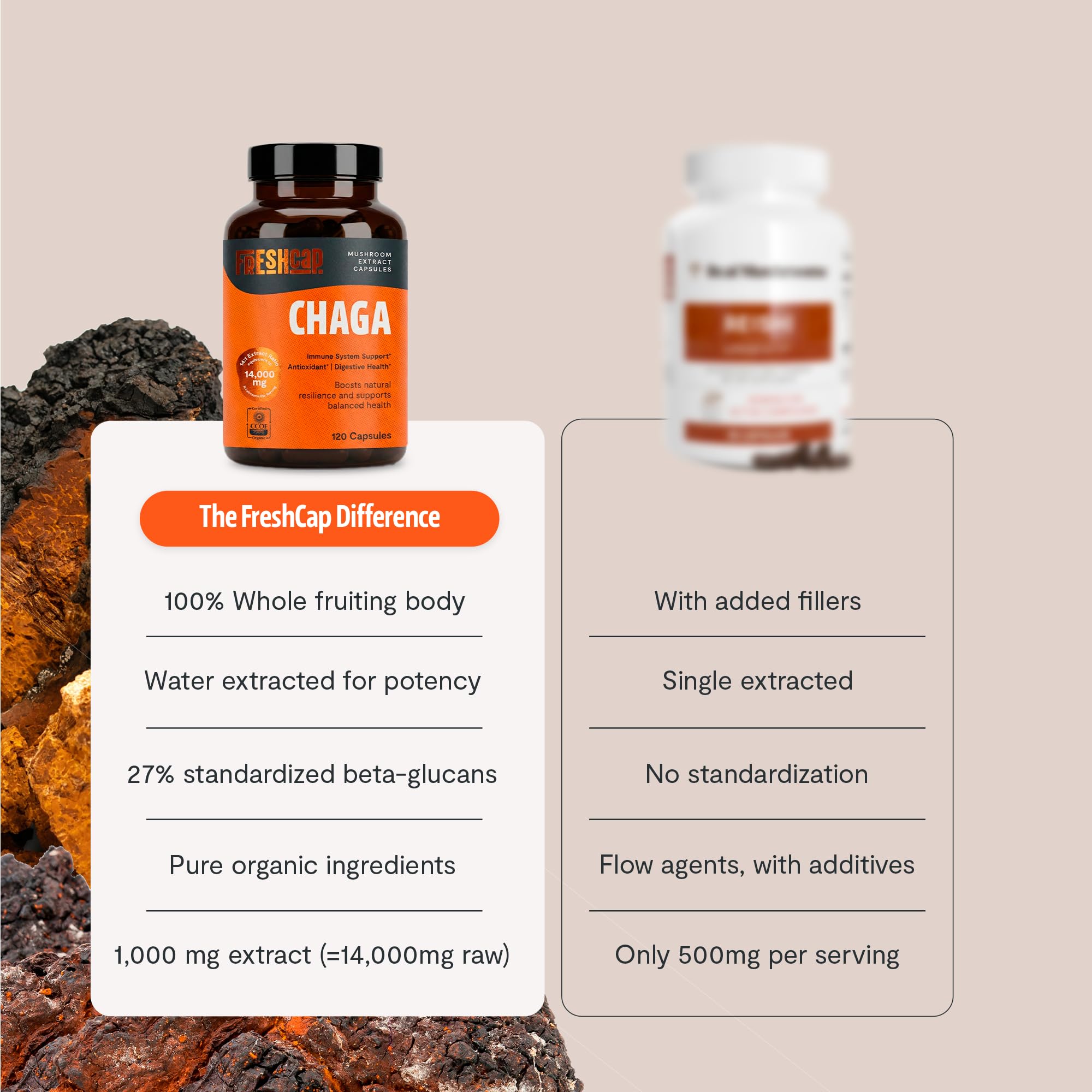 FreshCap Mushrooms Chaga Capsulas uso diario para apoyo de energía natural