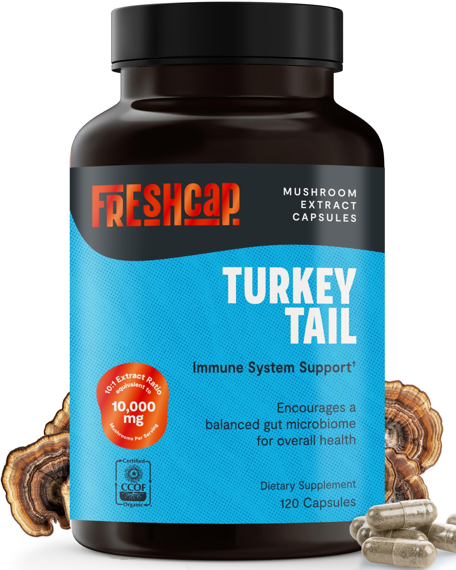 FreshCap Mushrooms cola-pavo cápsulas para apoyo inmunitario diario.
