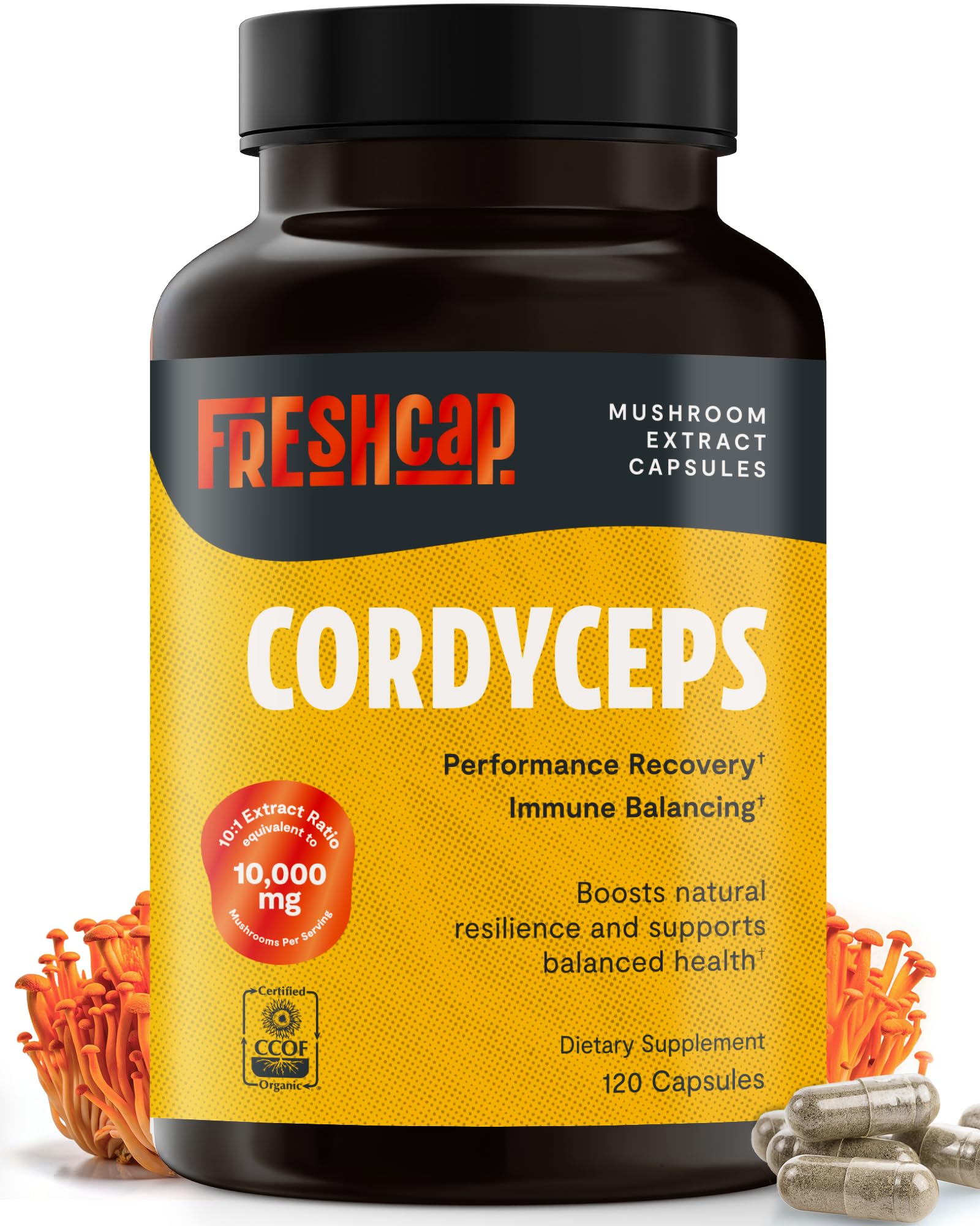 FreshCap Mushrooms Cordyceps: botella de cápsulas para energía natural.