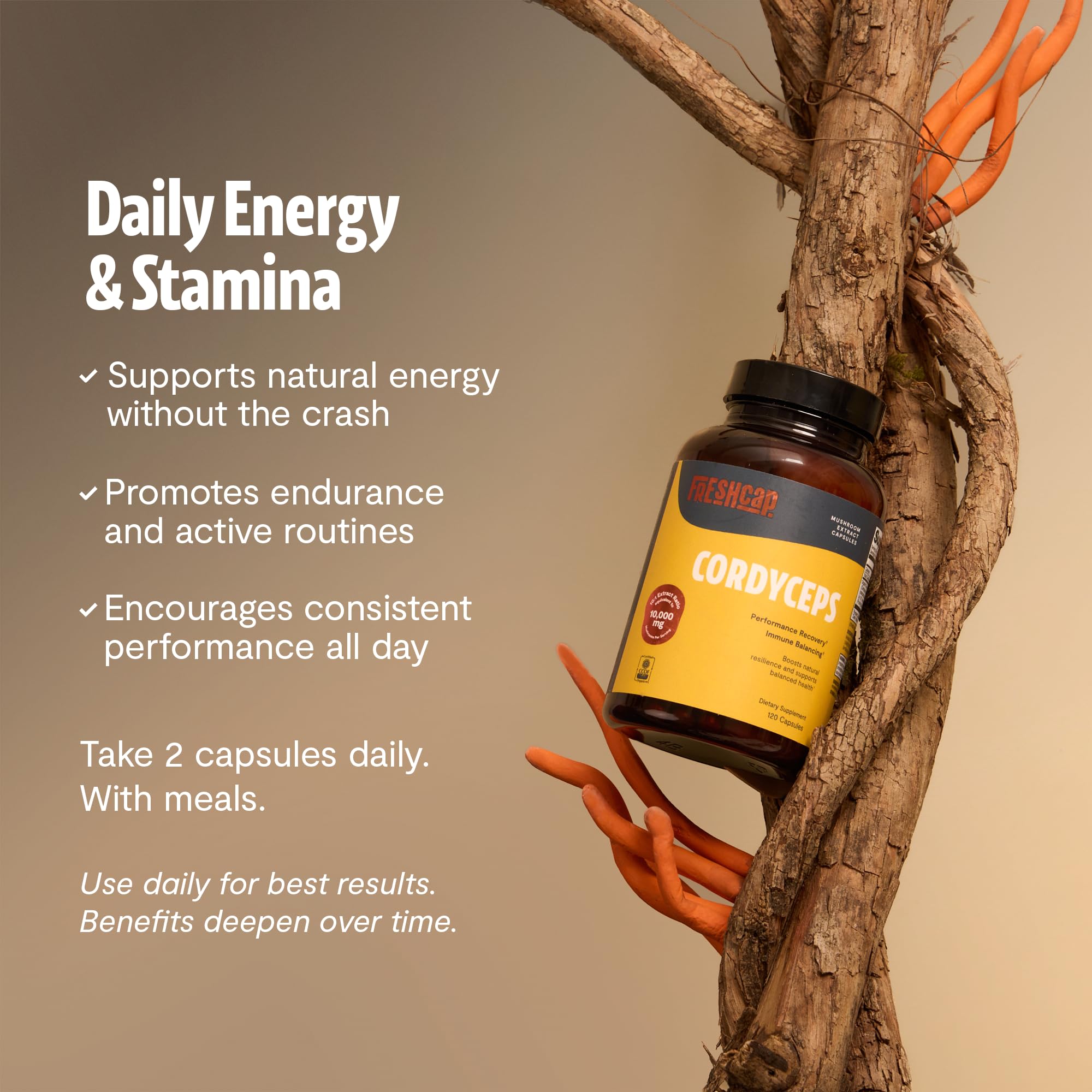 FreshCap Mushrooms Cordyceps: etiqueta orgánica que garantiza calidad.