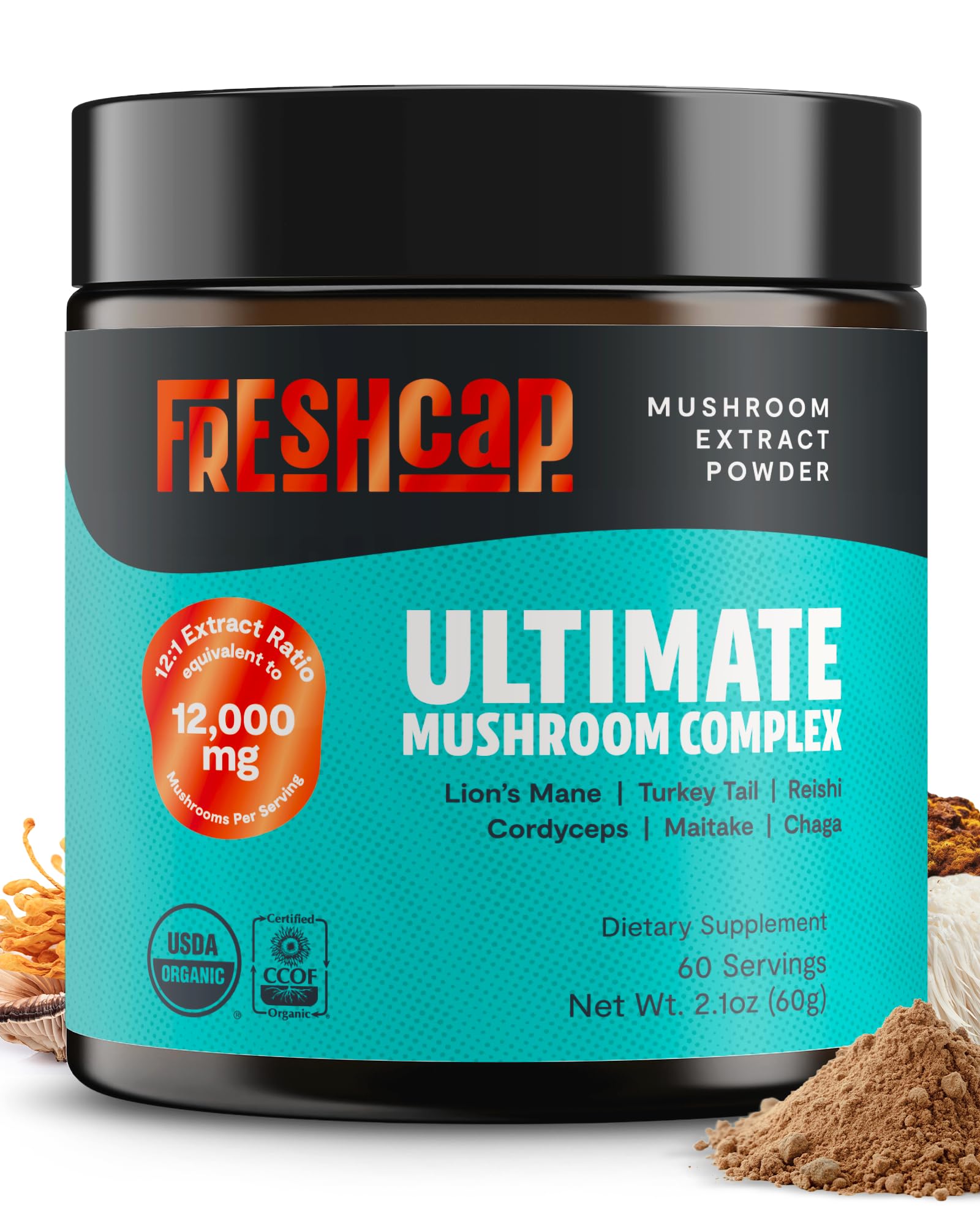 FreshCap Mushrooms frasco polvo hongo ultimate, apoyo a la concentración diaria.