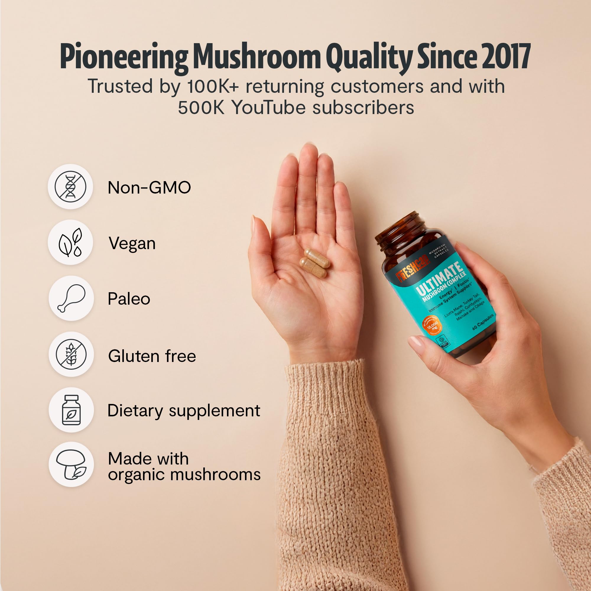 Frasco con certificados orgánicos, FreshCap Mushrooms respeta estándares sin rellenos.