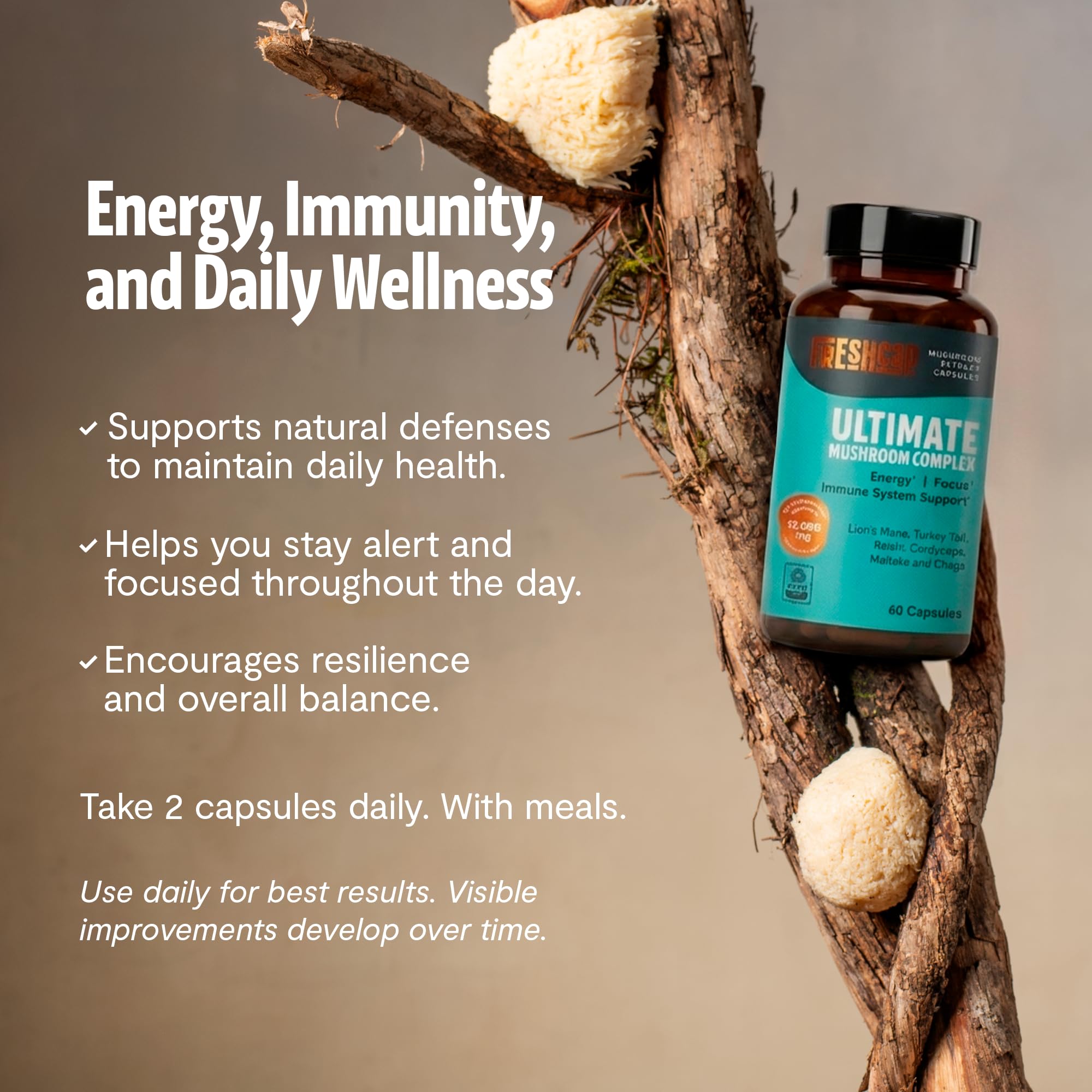 Lista de ingredientes con seis hongos en FreshCap Mushrooms Ultimate.
