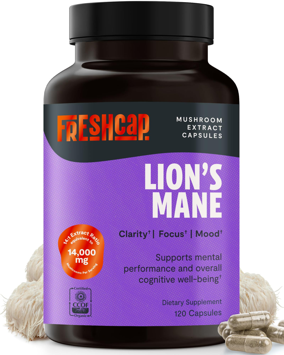 FreshCap Mushrooms Melena de León en cápsulas, posible apoyo a la claridad mental diaria.