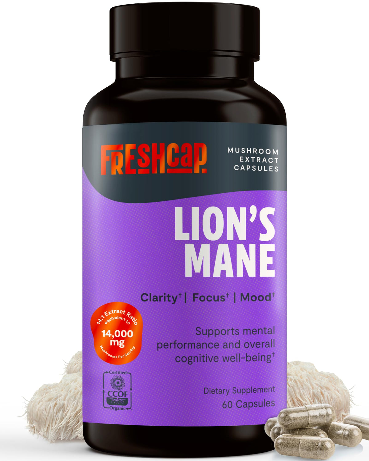 FreshCap Mushrooms melena-de-león frasco con cápsulas para claridad mental