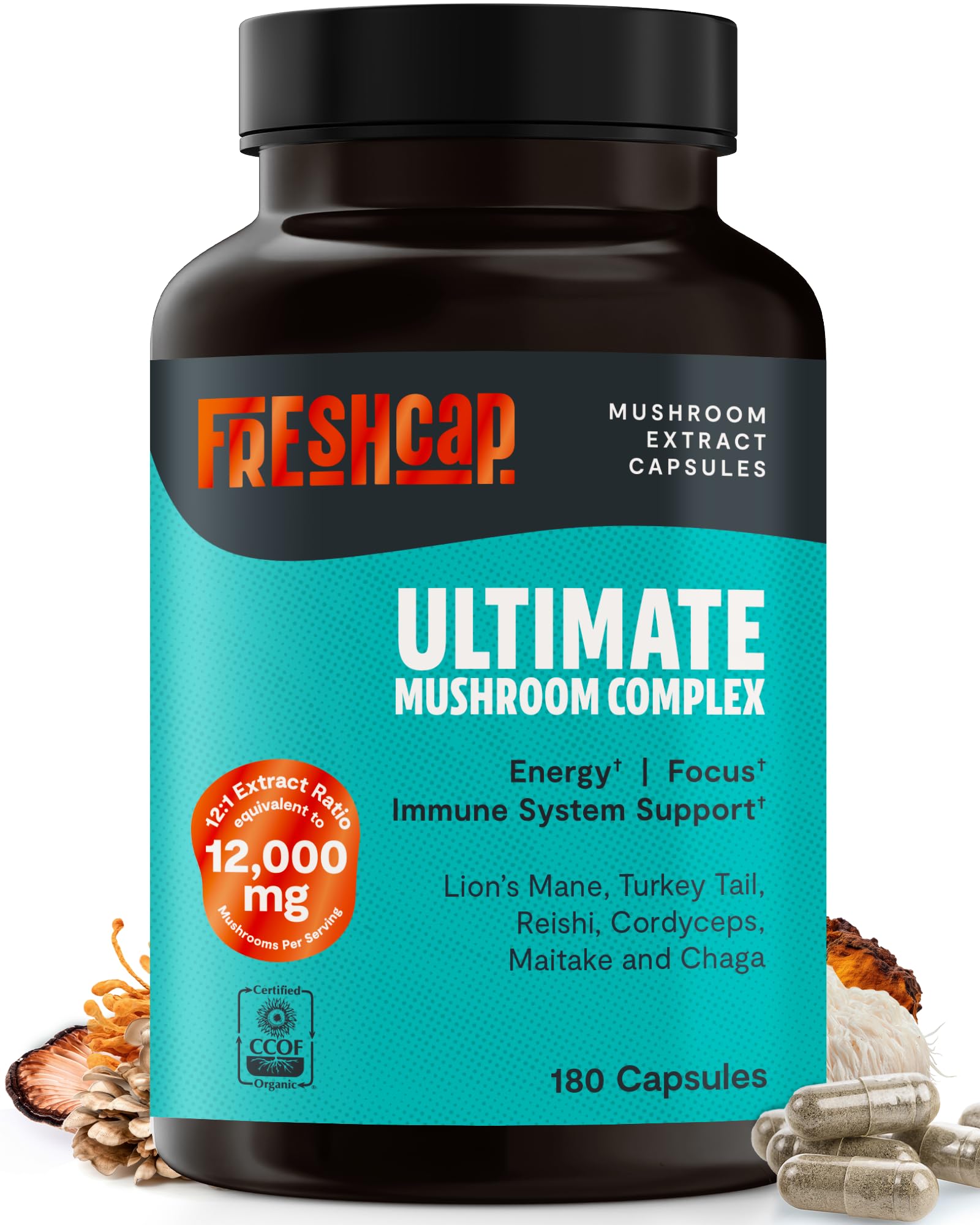 FreshCap Mushrooms: botella frontal del suplemento para impulso diario.