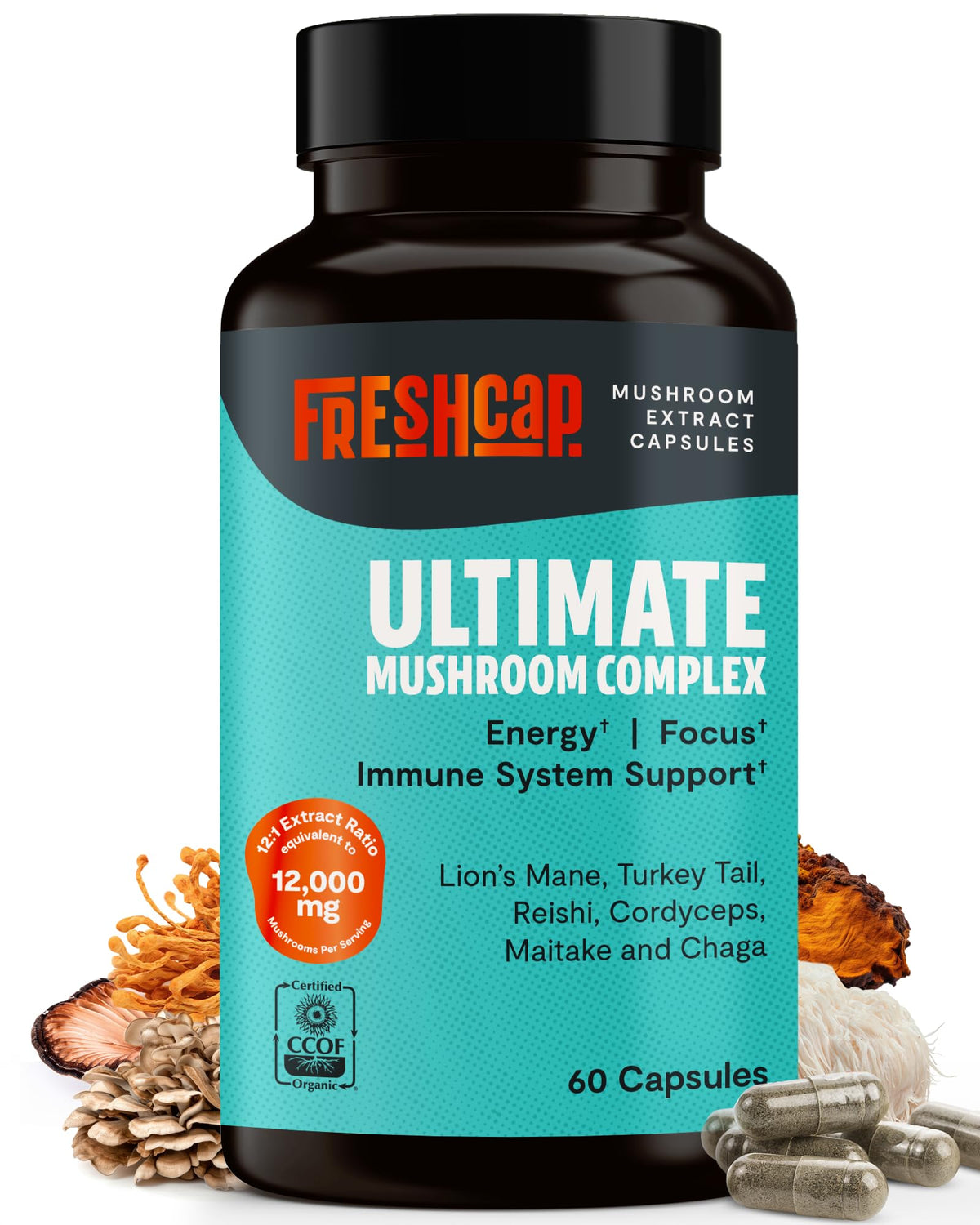 Frasco de FreshCap Mushrooms Ultimate con cápsulas para apoyo diario de energía y enfoque.