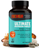 Frasco de FreshCap Mushrooms Ultimate con cápsulas para apoyo diario de energía y enfoque.