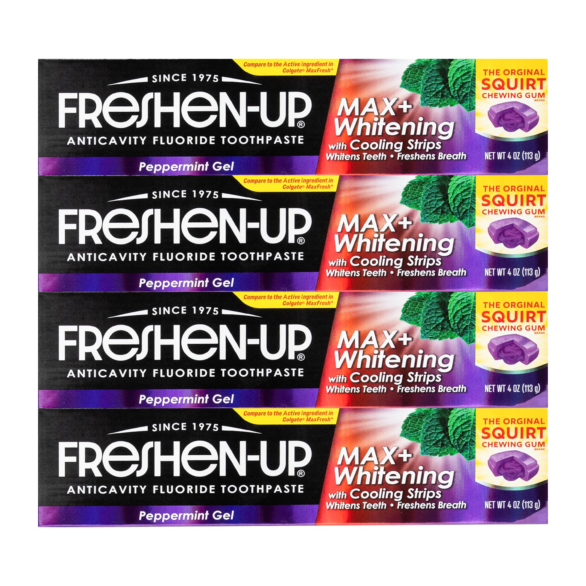 Freshen-Up MAX+ en tubo muestra blanqueamiento diario para dientes más brillantes