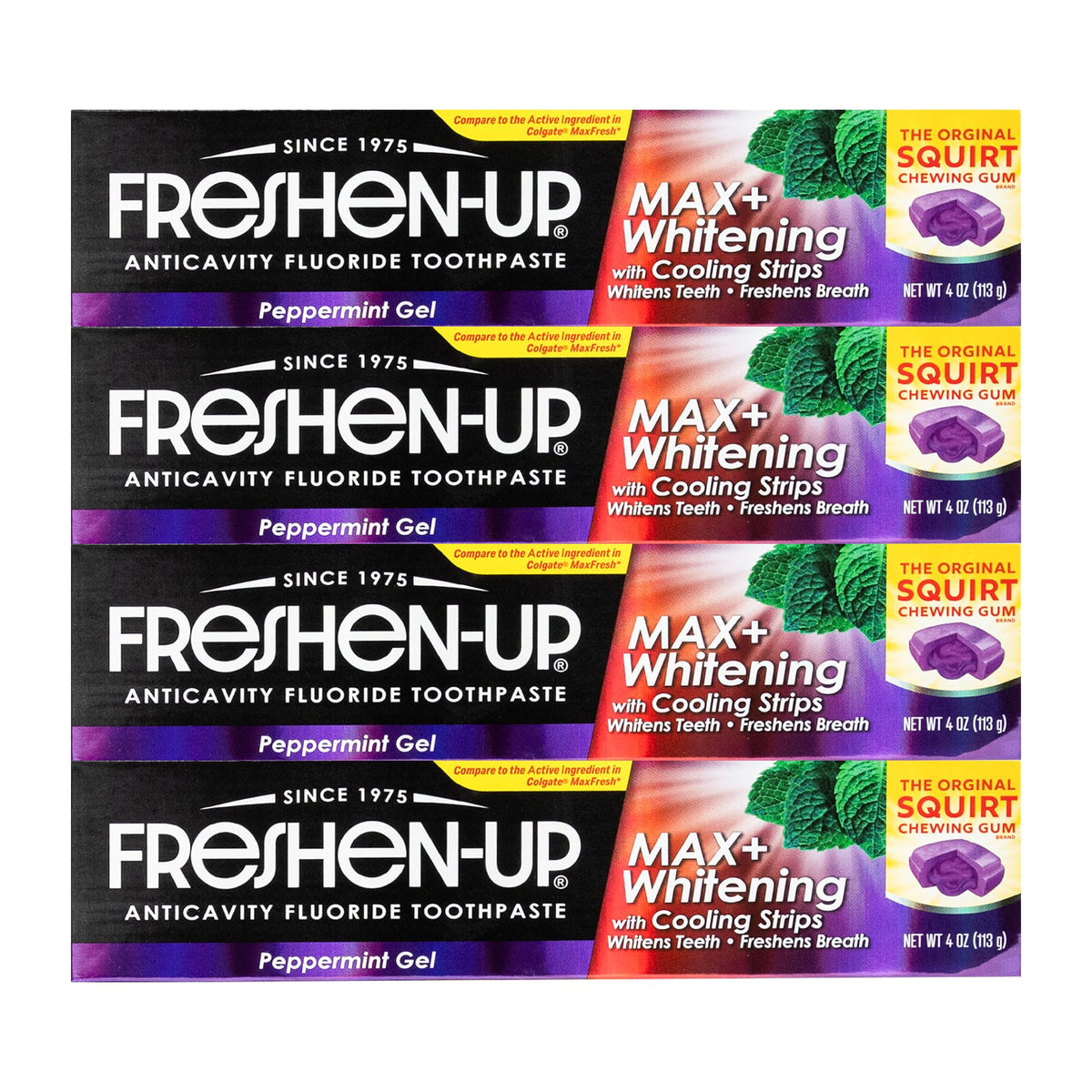 Freshen-Up MAX+ en tubo muestra blanqueamiento diario para dientes más brillantes