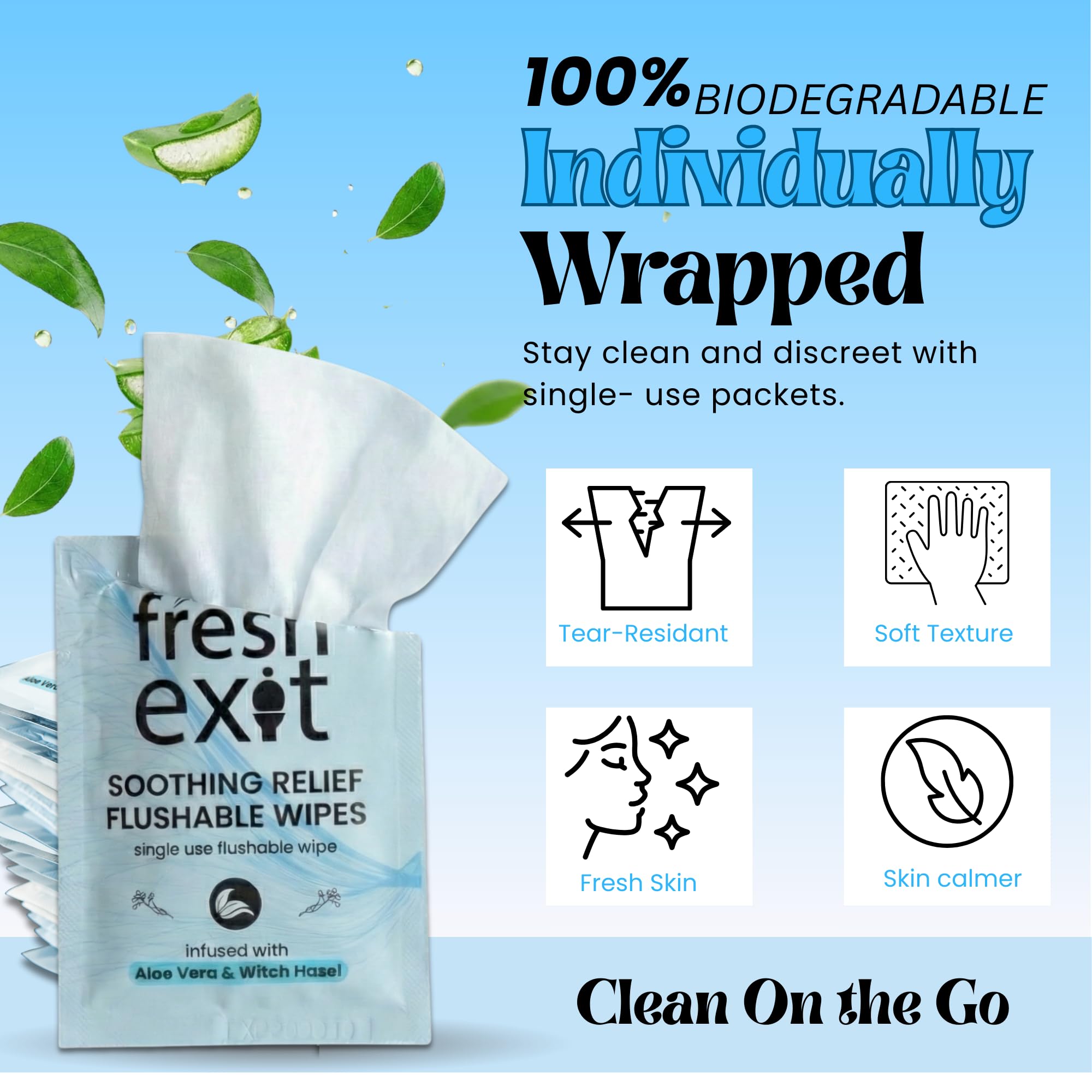 FreshExit toallitas desechables aptas para inodoro, seguras para plomería y limpieza higiénica.
