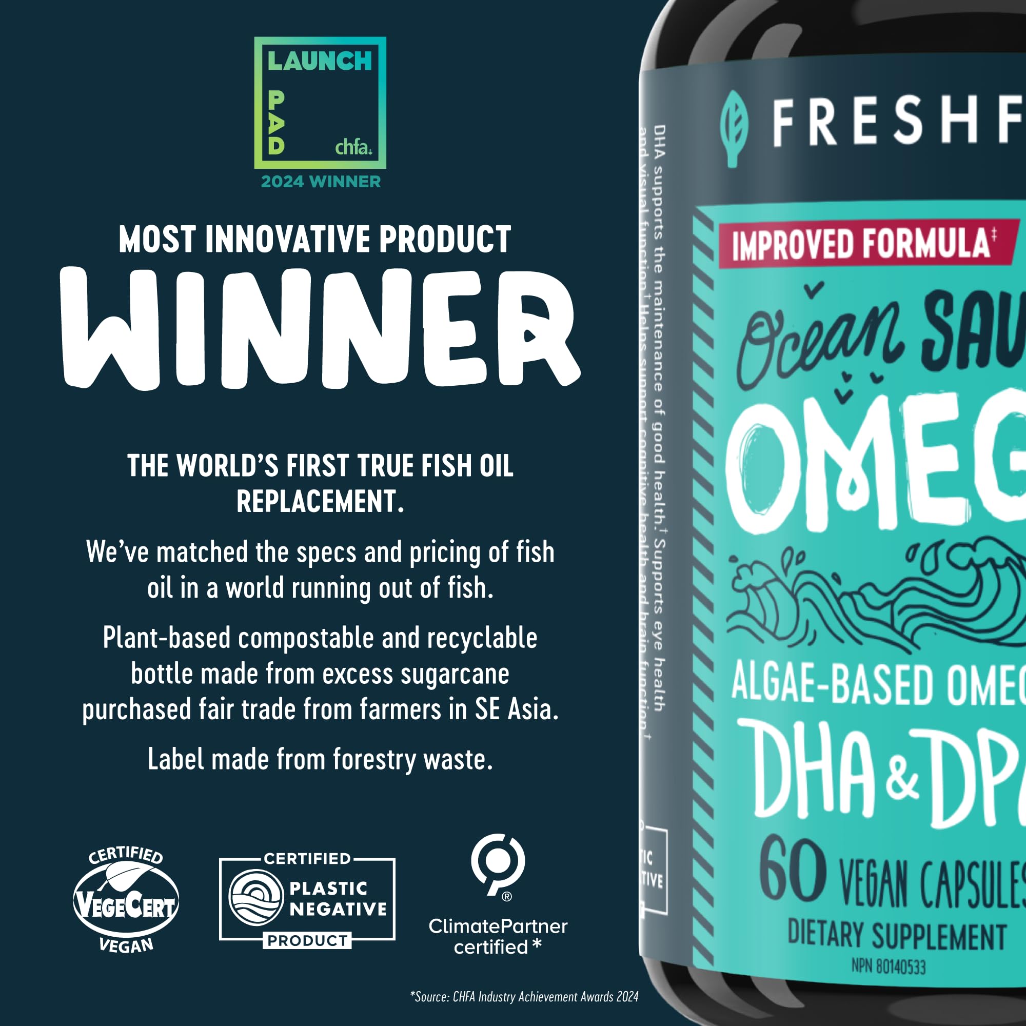 Freshfield Omega 3 botella de cápsulas, envase sostenible para uso diario.