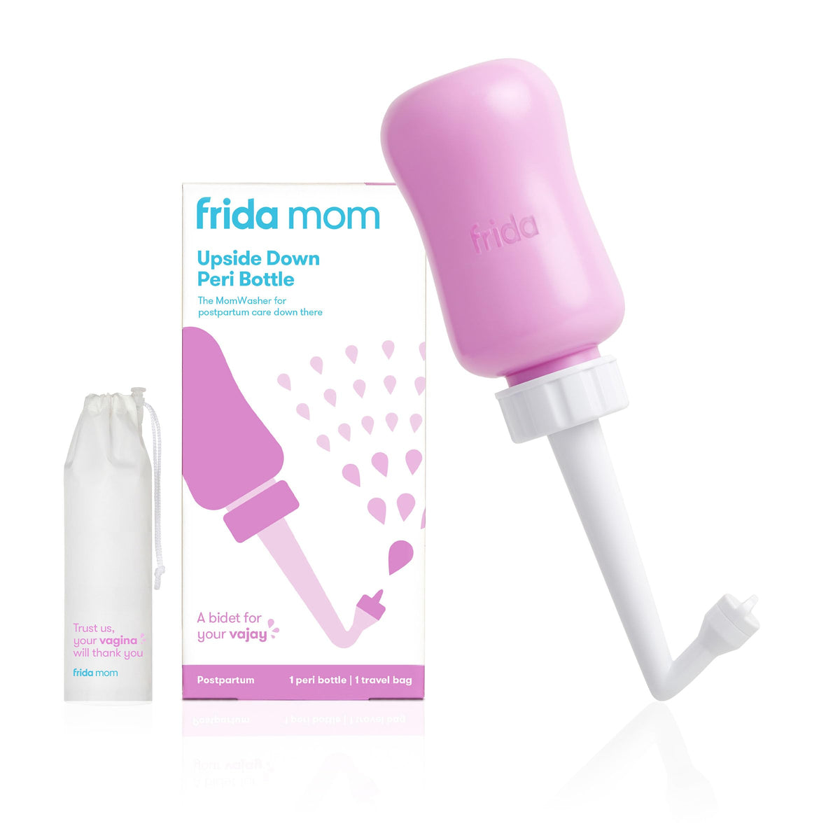 Frida Mom Botella Peri Invertida en uso, limpieza posparto suave y dirigida