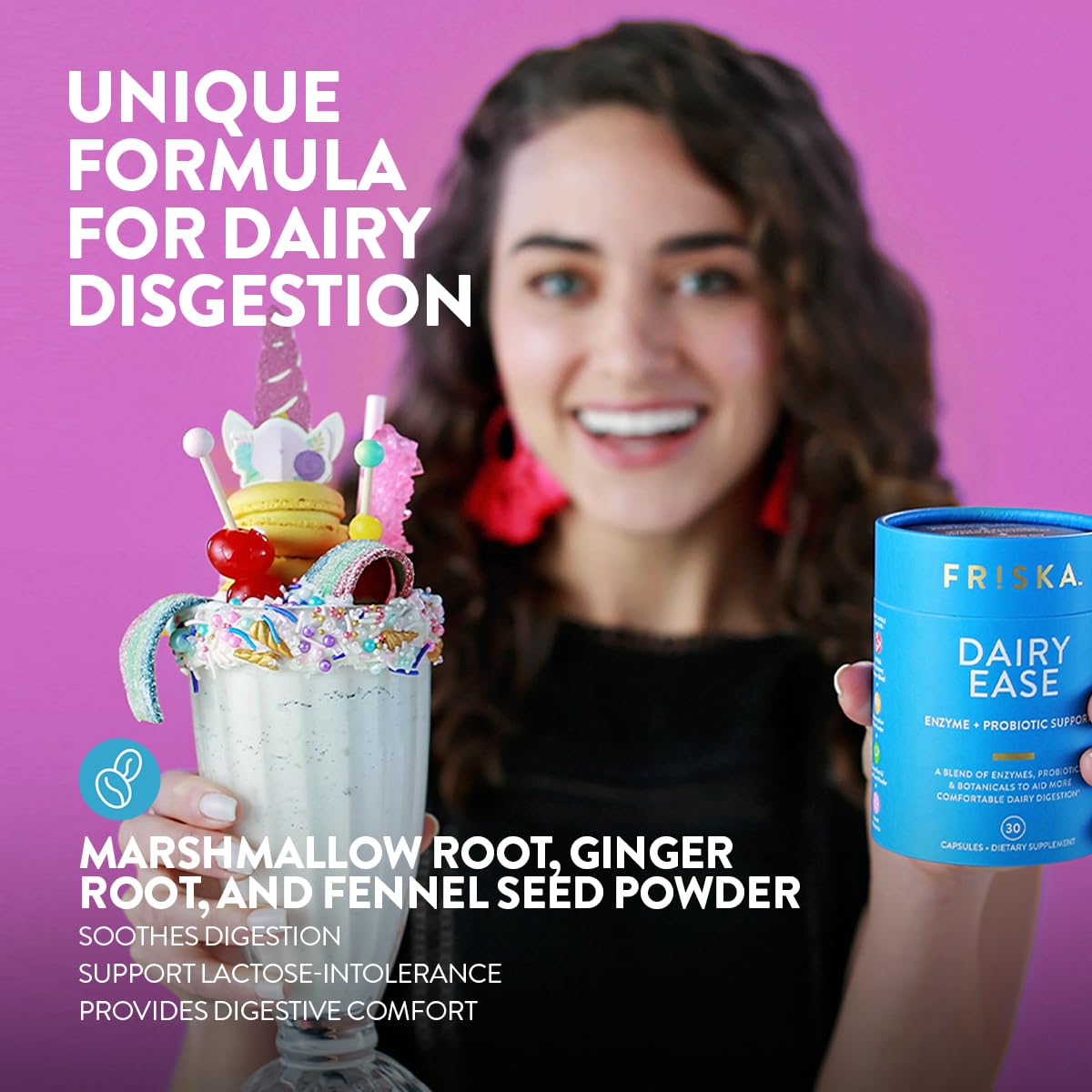 FRISKA Dairy Ease Probióticos para apoyar la salud intestinal.