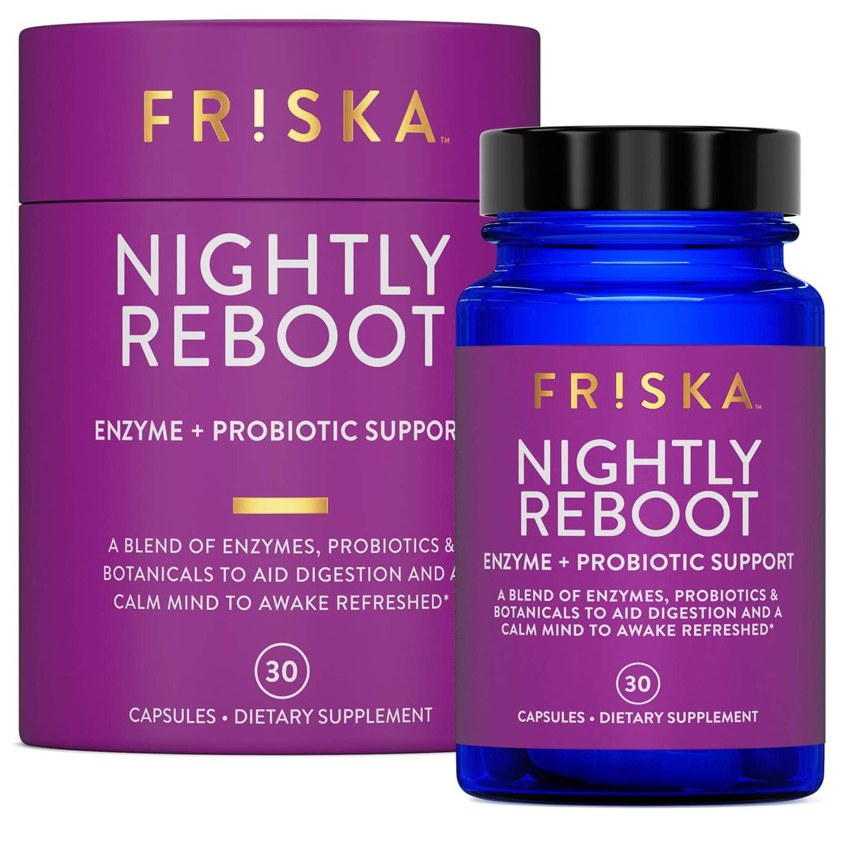 Friska Nightly Reboot: botella frontal para digestión nocturna y comodidad.