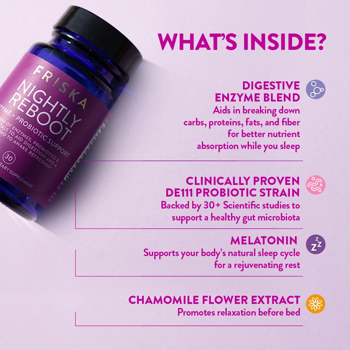 Friska Nightly Reboot: envase lateral con la etiqueta y beneficios digestivos.