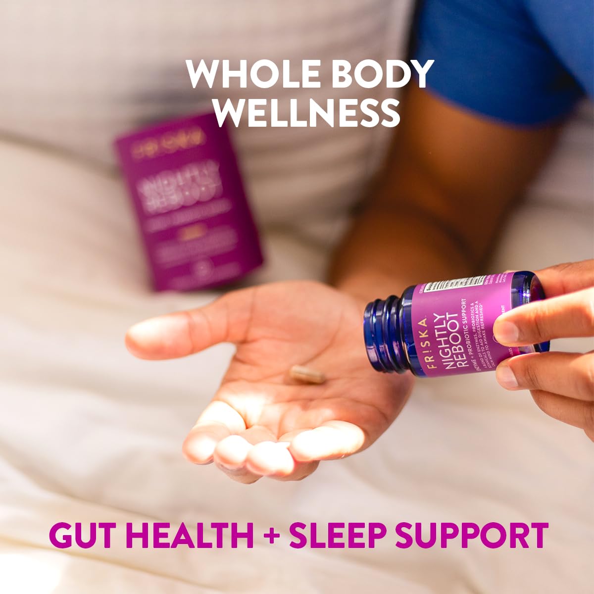 Friska Nightly Reboot: ingredientes probióticos visibles para equilibrio intestinal.