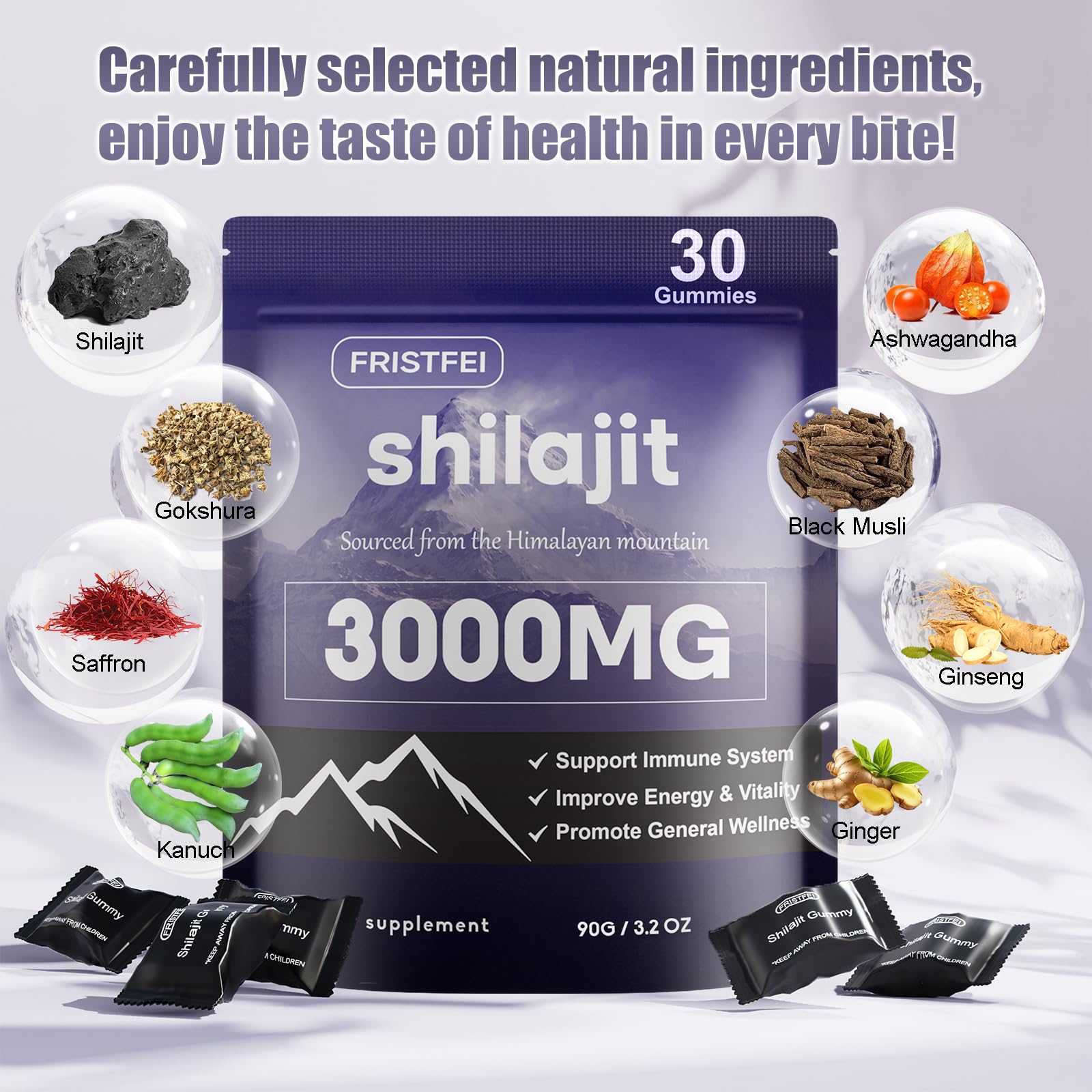 Fristfei gomitas Shilajit Himalaya, primer plano de textura suave