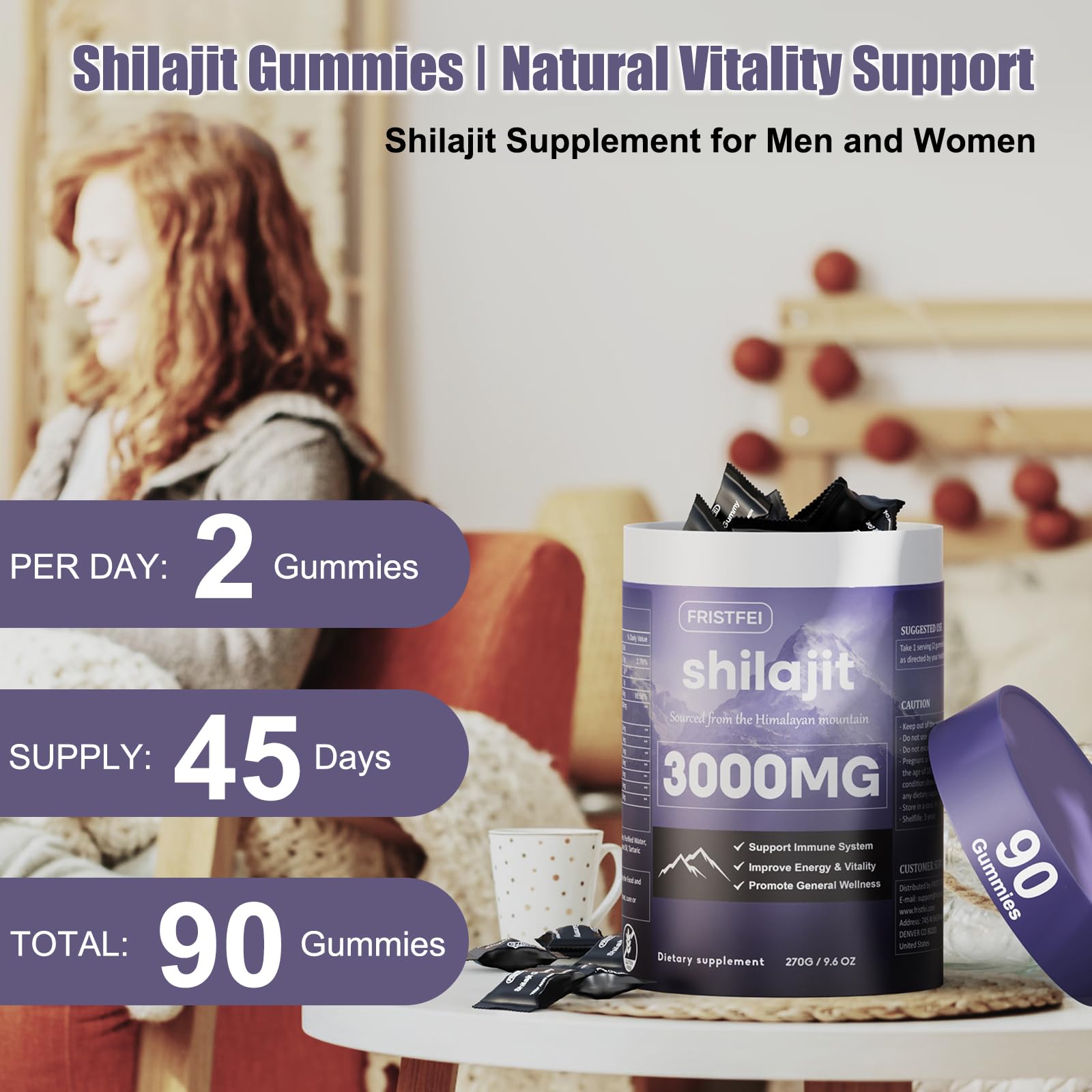 Fristfei Shilajit Gummies en la mano, dosis conveniente para llevar.