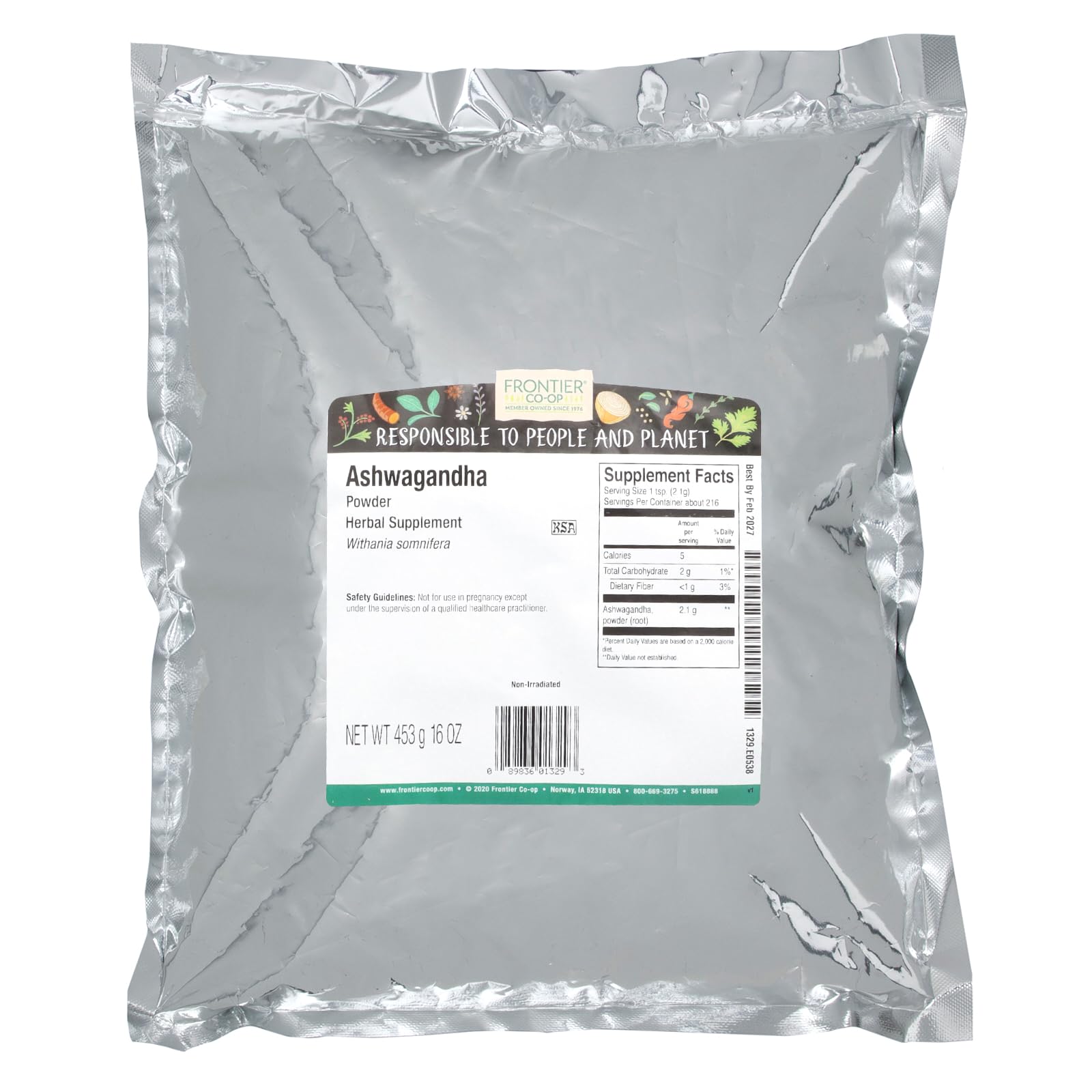 Frontier ashwagandha envase de 16 oz, práctico para añadir a batidos y tés.