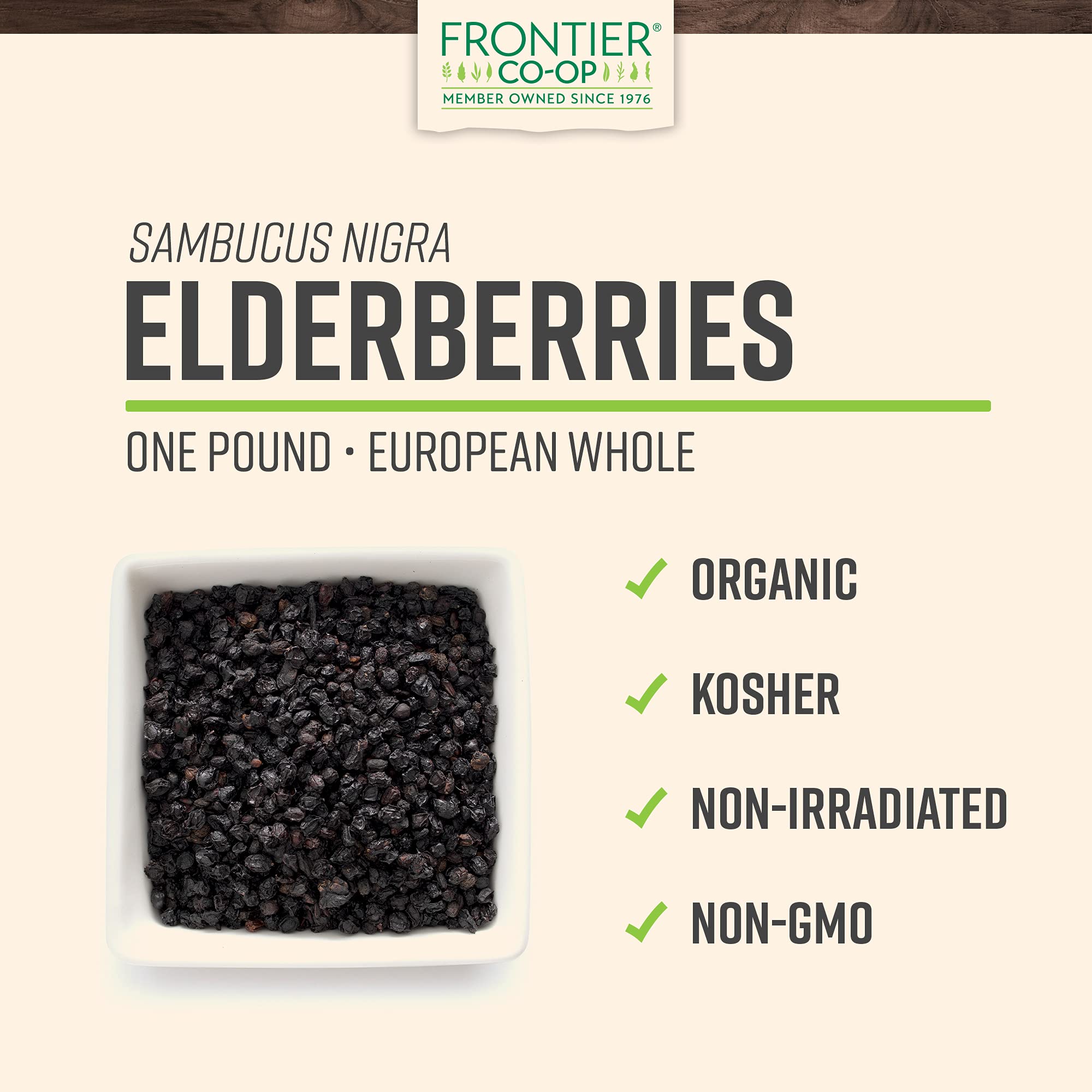 Bayas de saúco Frontier Co-op en estado seco para infusiones aromáticas.
