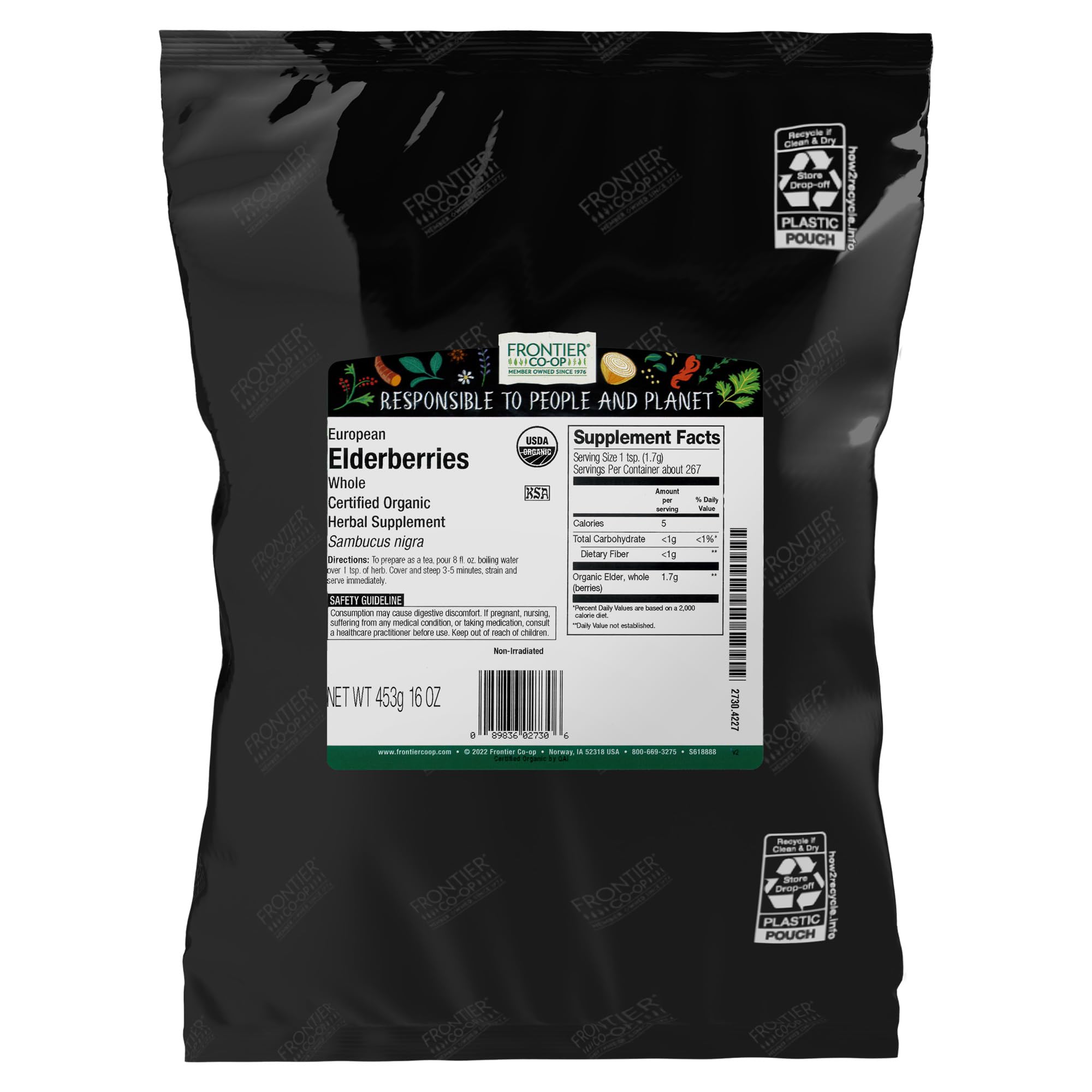 Bayas de saúco orgánicas Frontier Co-op enteras, ideales para infusiones y mezclas.