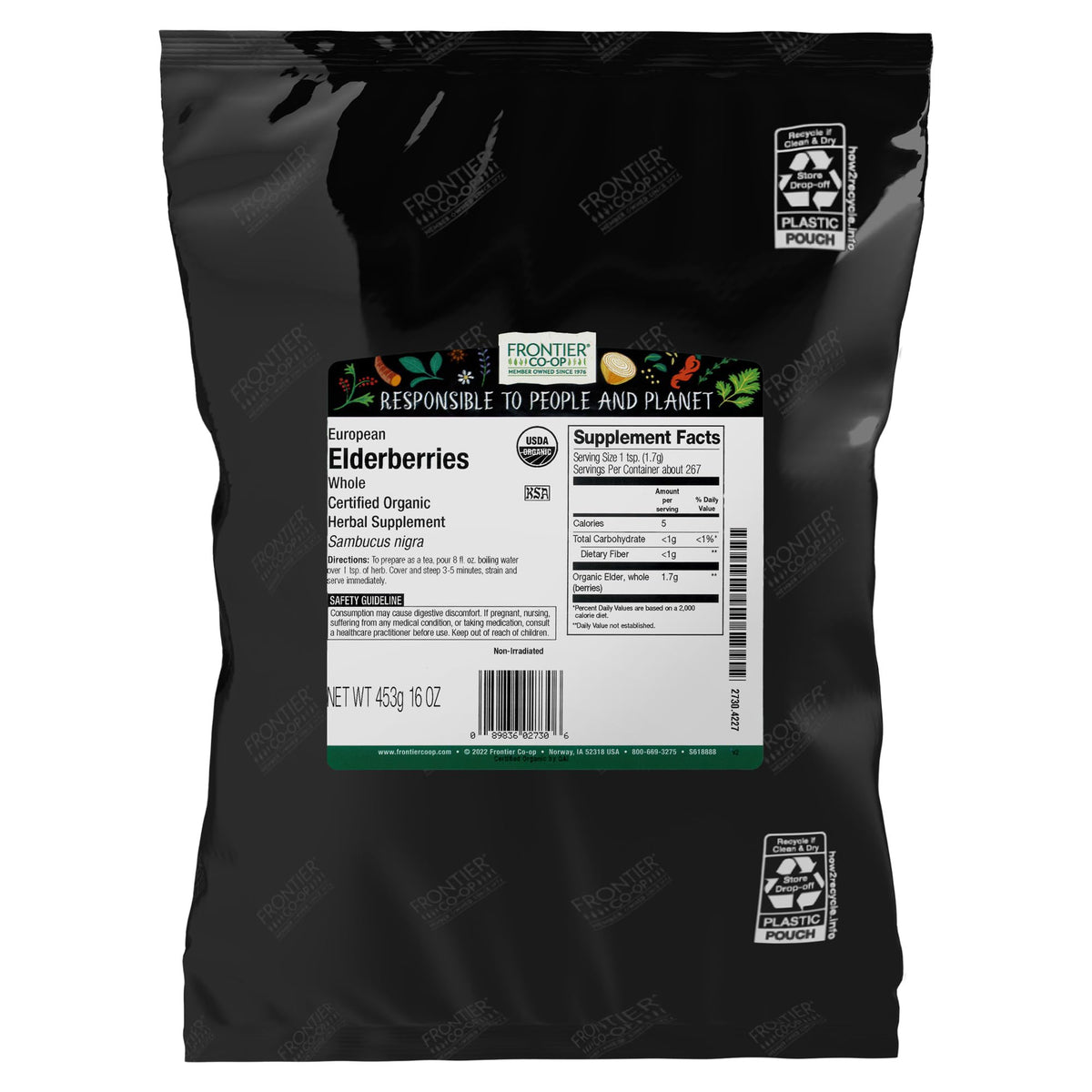 Frontier Co-op bayas de saúco secas enteras para infusiones y postres.