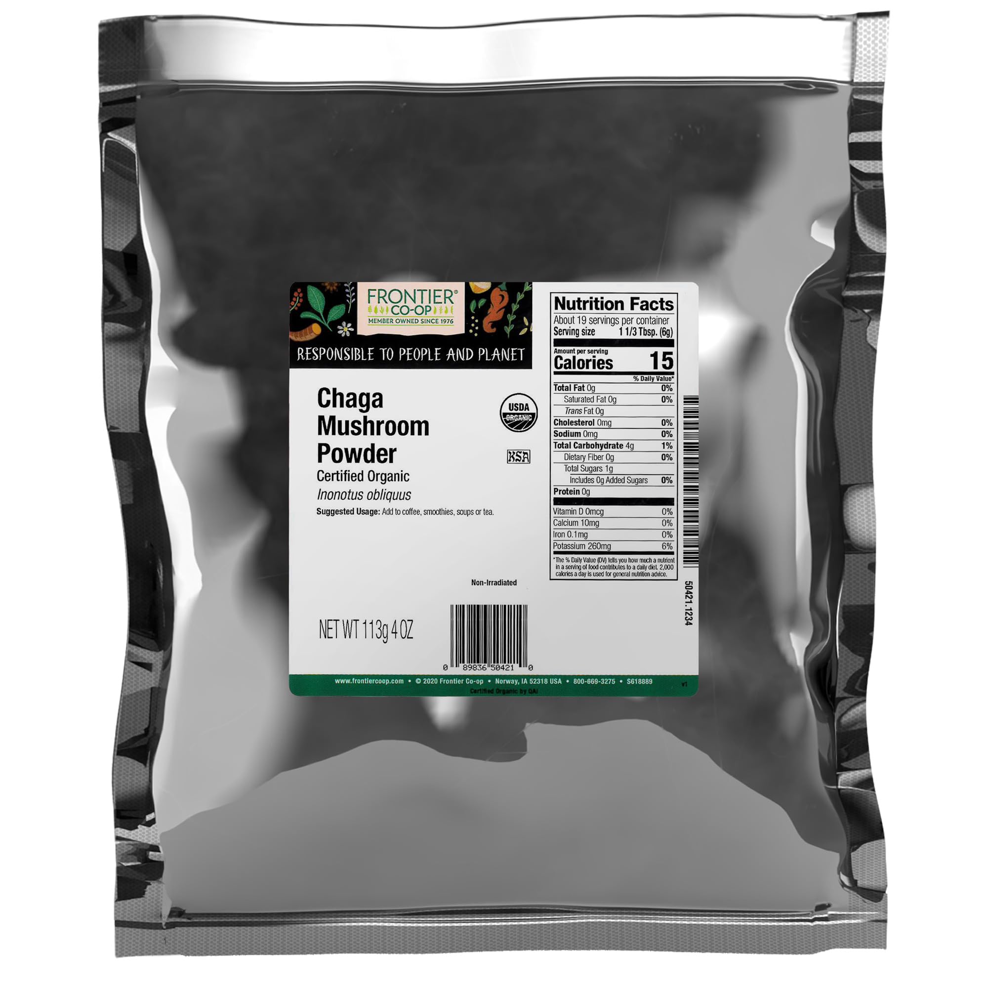 Frontier Co-op chaga polvo orgánico para té con sabor terroso y aroma suave