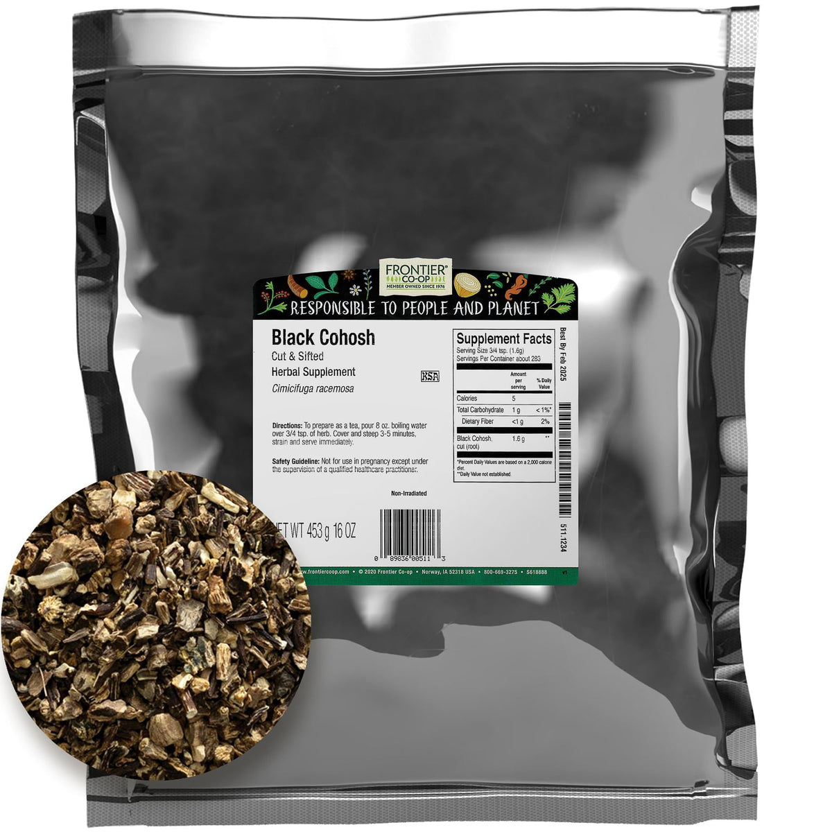 Frontier Co-op Cohosh negro silvestre, corte tamizado para infusiones herbales.