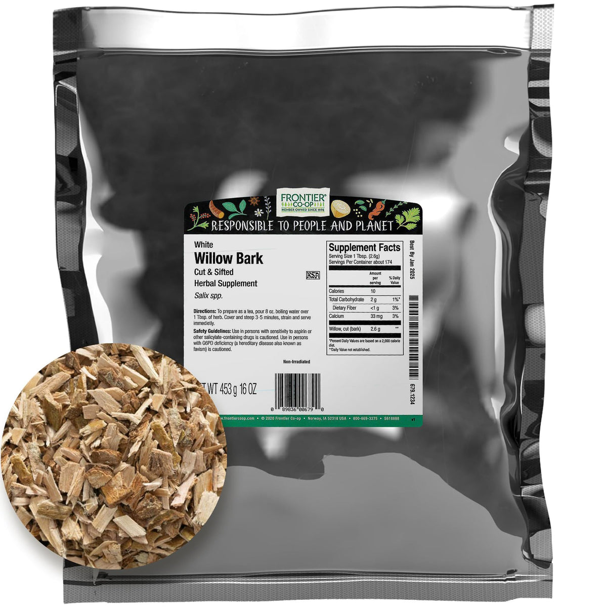 Frontier Co-op corteza de sauce blanco, corte y tamizado para infusiones suaves.