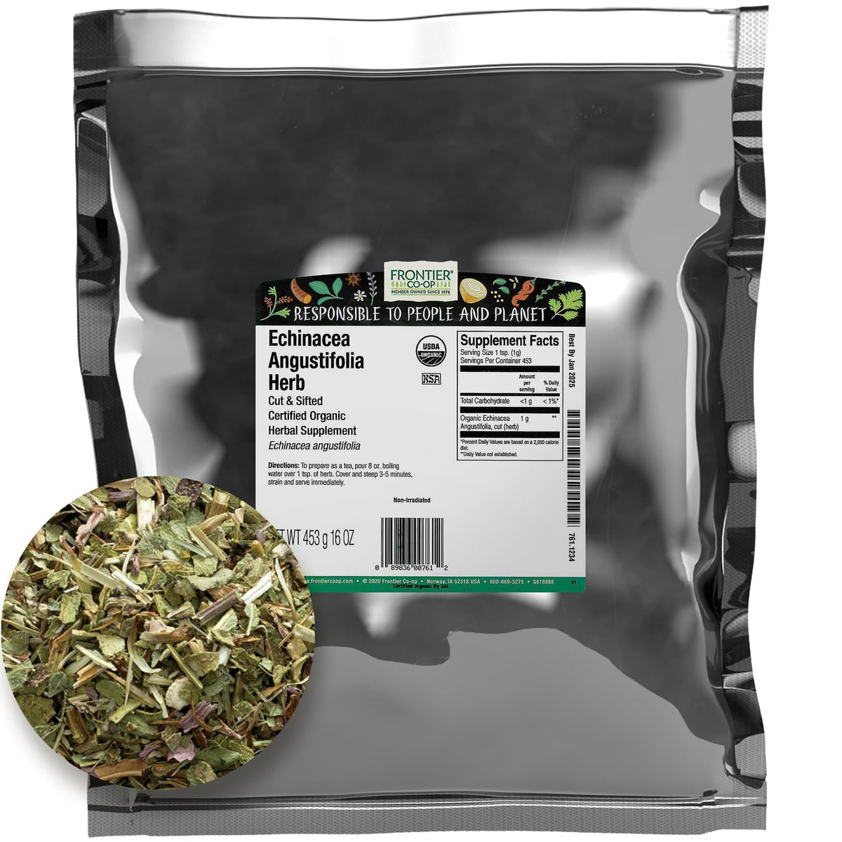 Frontier Co-op Echinacea Angustifolia, bolsa de 1 libra, ideal para infusiones y remedios herbales.