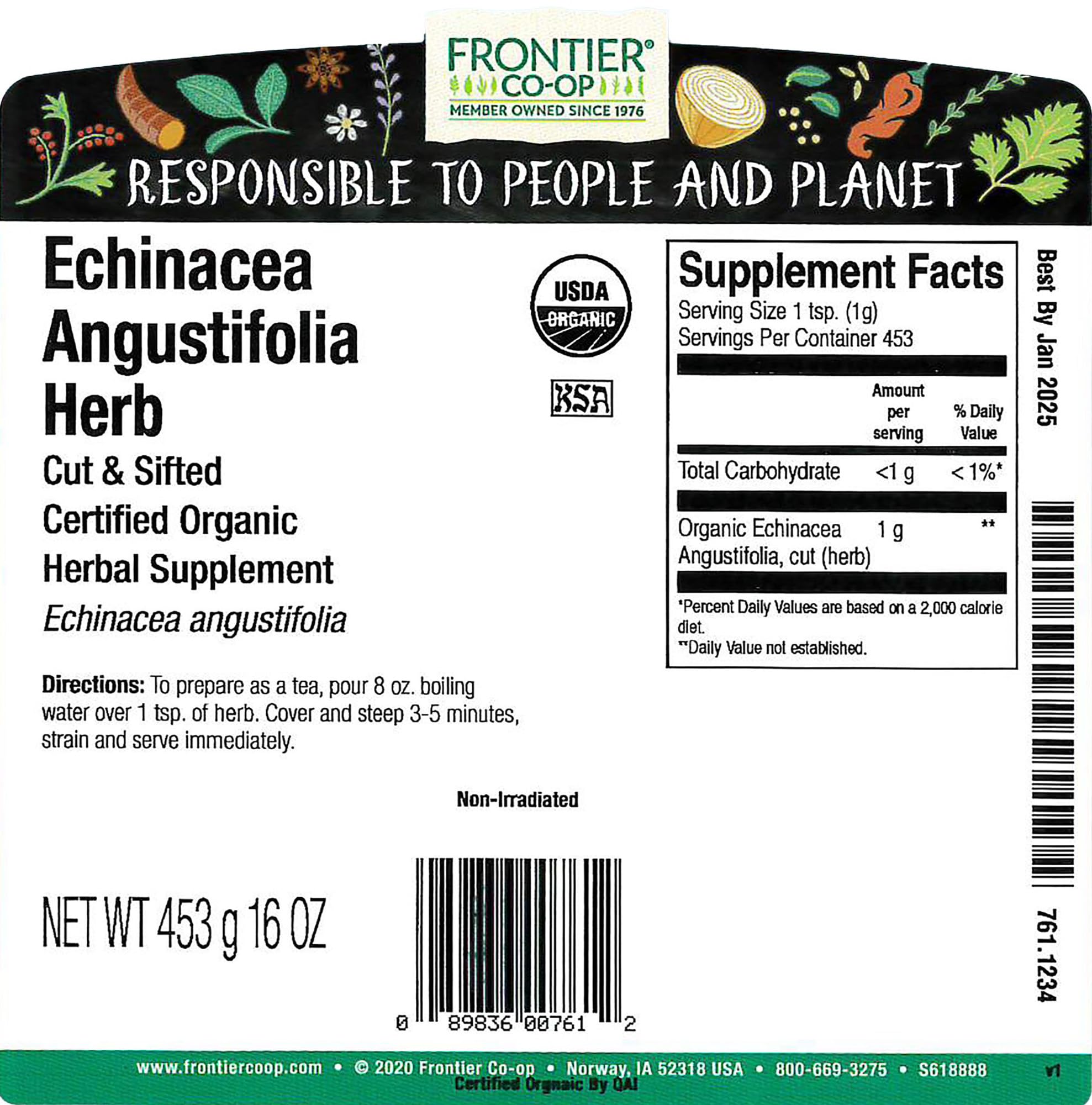 Hojas cortadas de Echinacea Angustifolia, Frontier Co-op, perfectas para té calmante y mezclas.