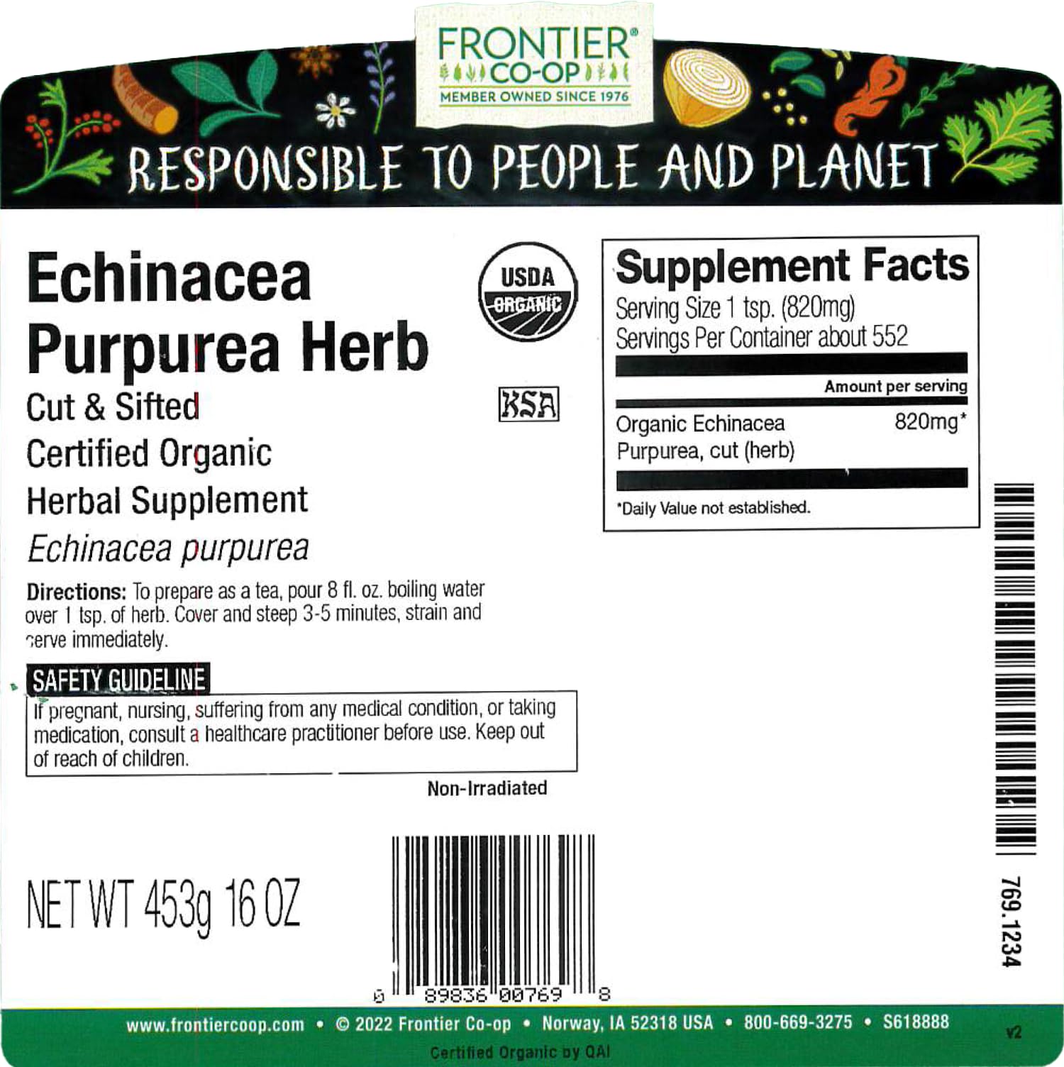 Frontier Co-op Echinacea Purpurea, bolsa-1-libra, lista para tés y mezclas.