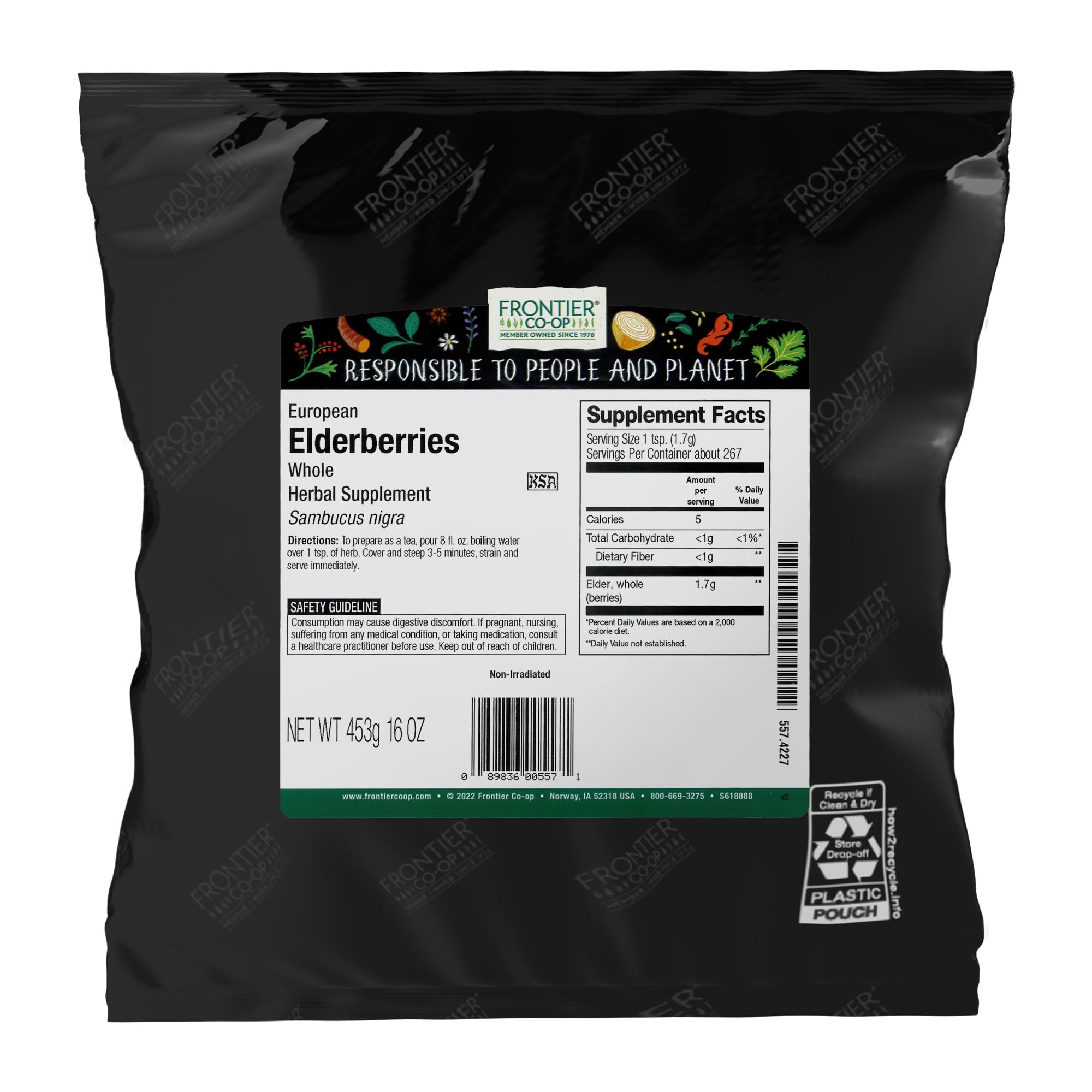 Frontier Co-op bayas de sauco secas en empaque, ideales para infusiones sabrosas.