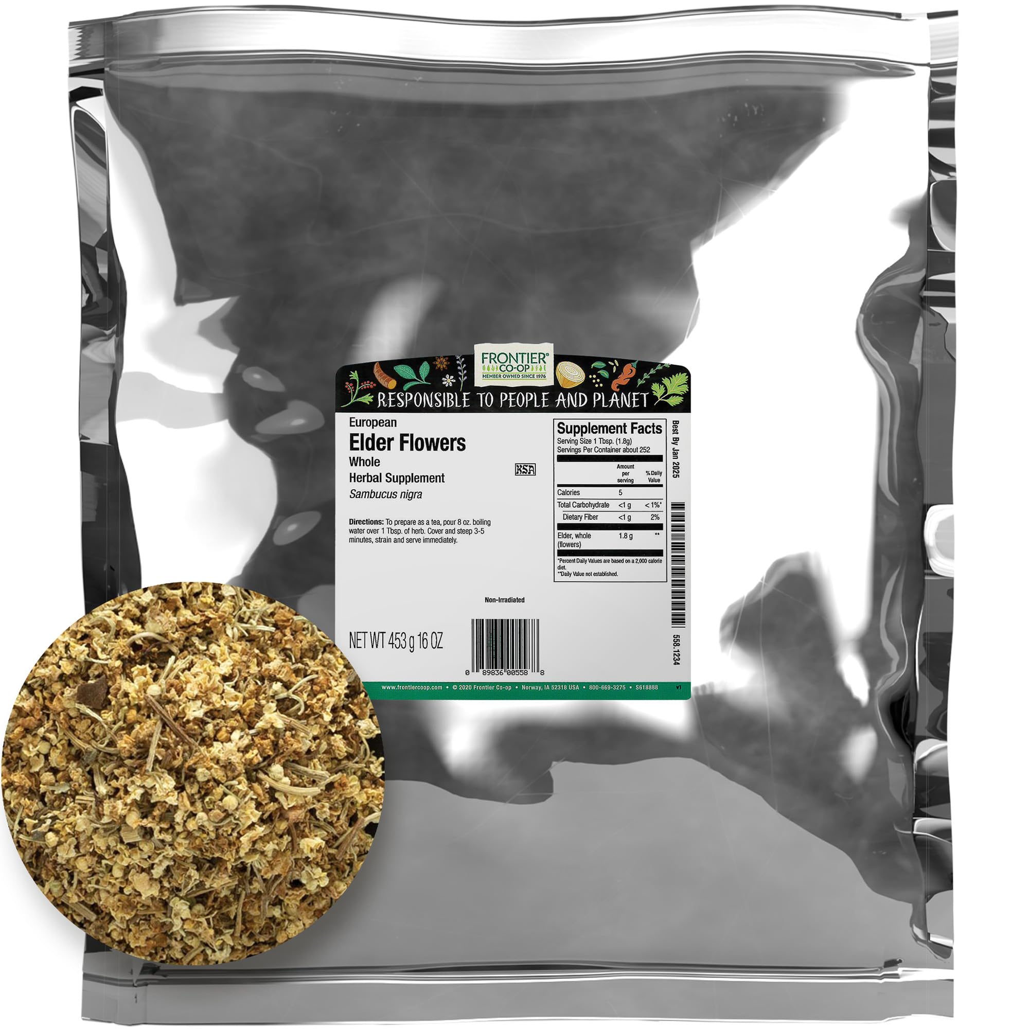 Frontier Co-op flores de saúco secas para té aromático y usos culinarios.