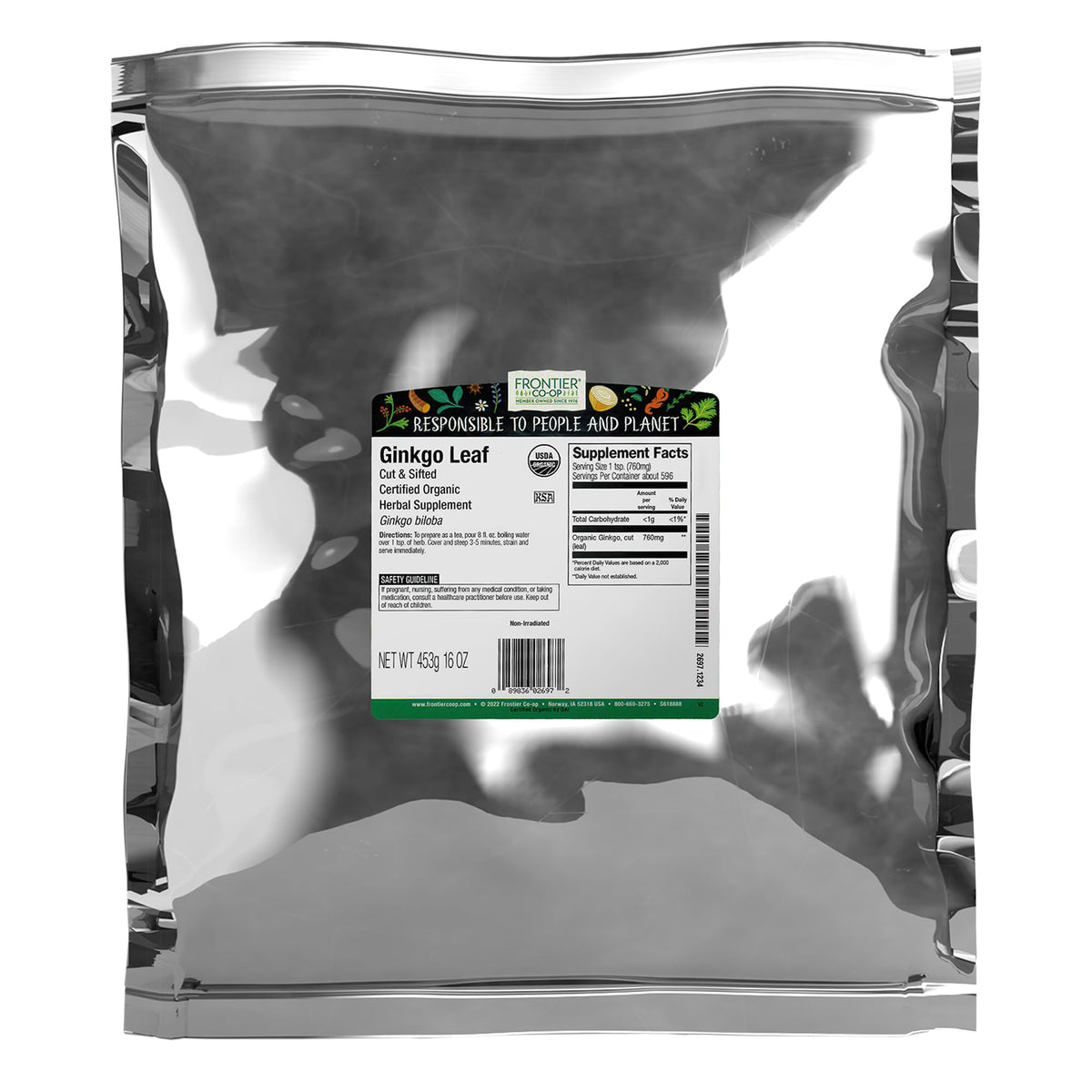 Frontier Co-op ginkgo hoja orgánica, lista para infusiones.