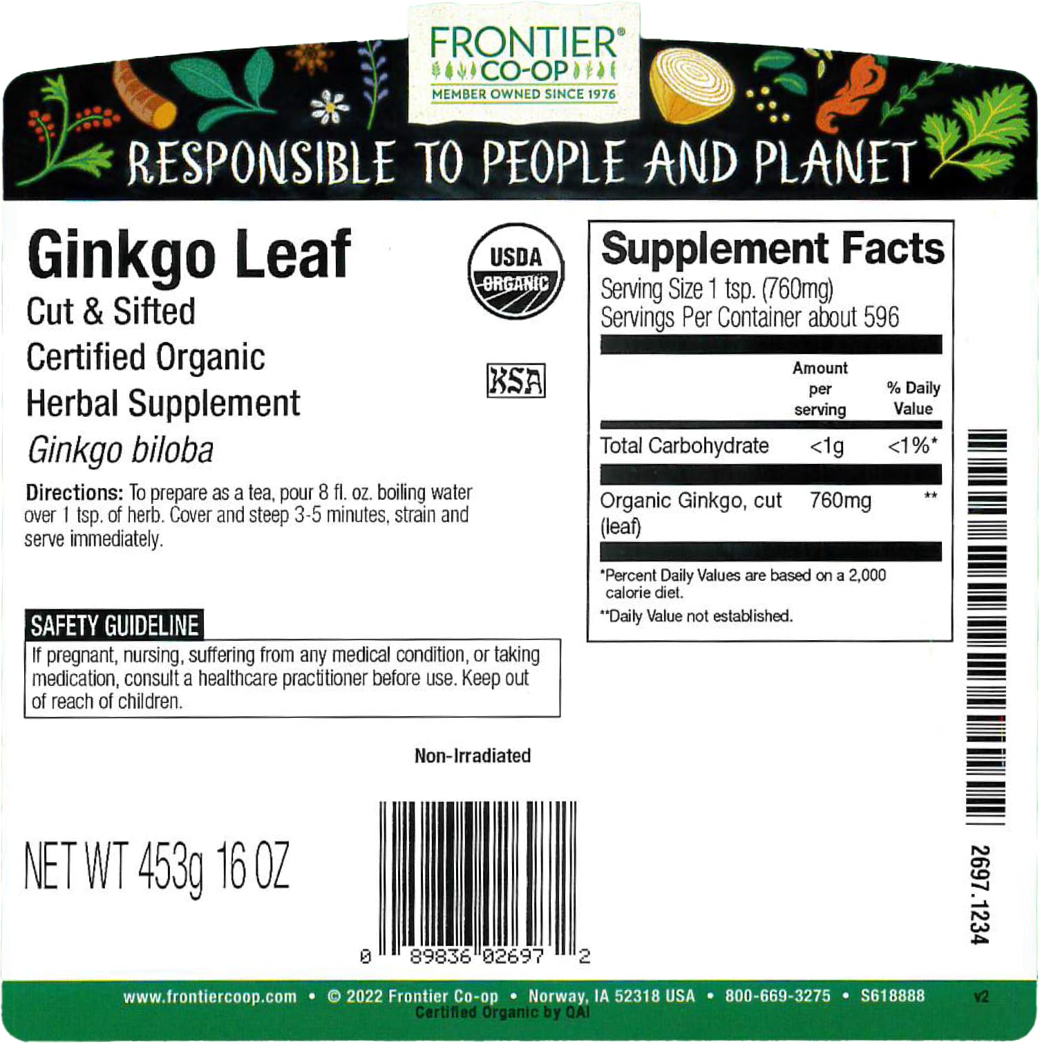 Frontier Co-op ginkgo para té herbal e infusiones aromáticas.
