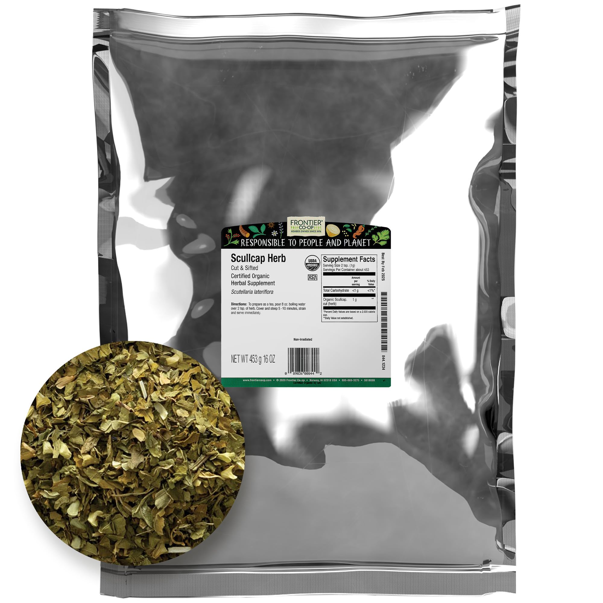 Frontier Co-op, hierba calavera, hojas y flor secas para infusiones suaves.