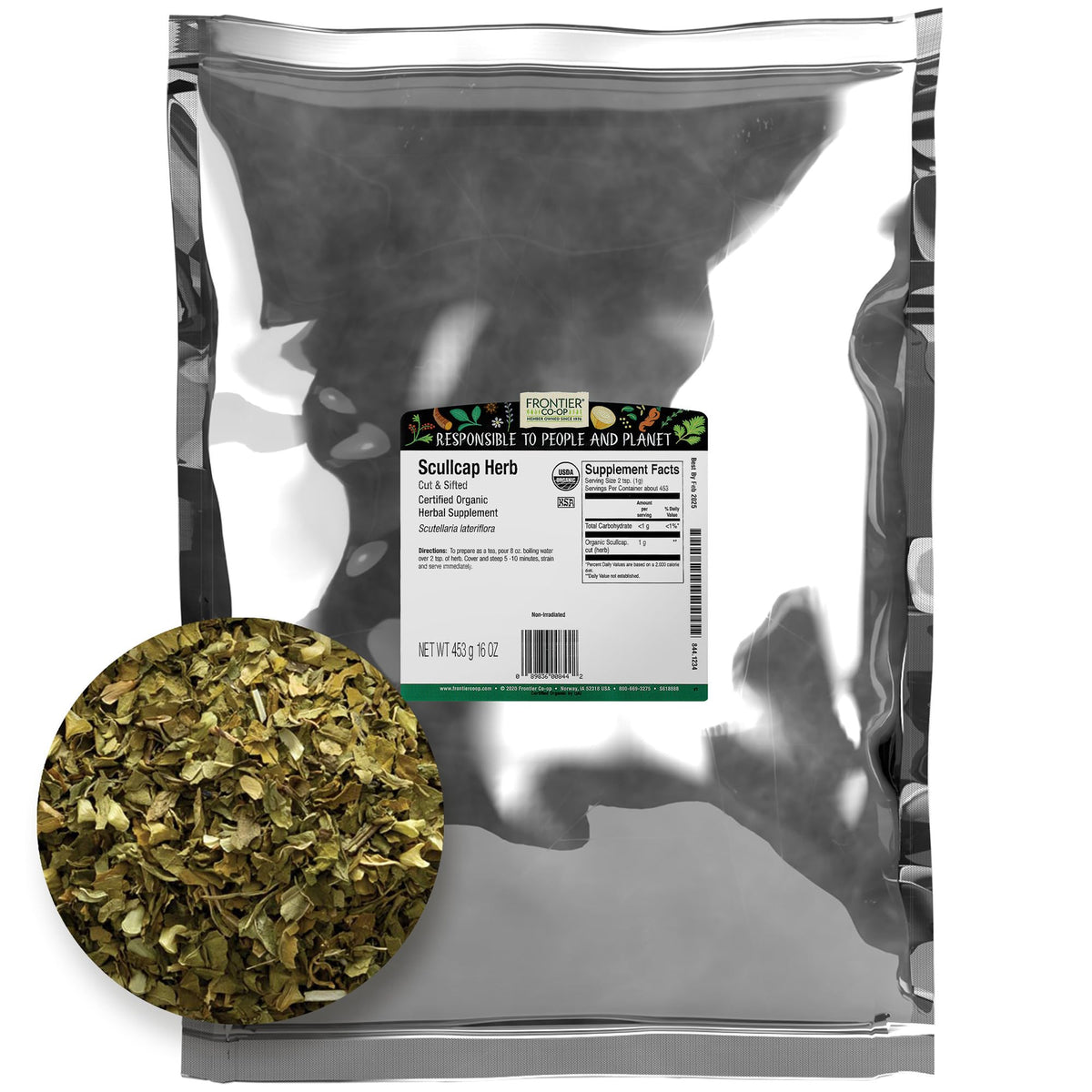 Frontier Co-op, hierba calavera, hojas y flor secas para infusiones suaves.