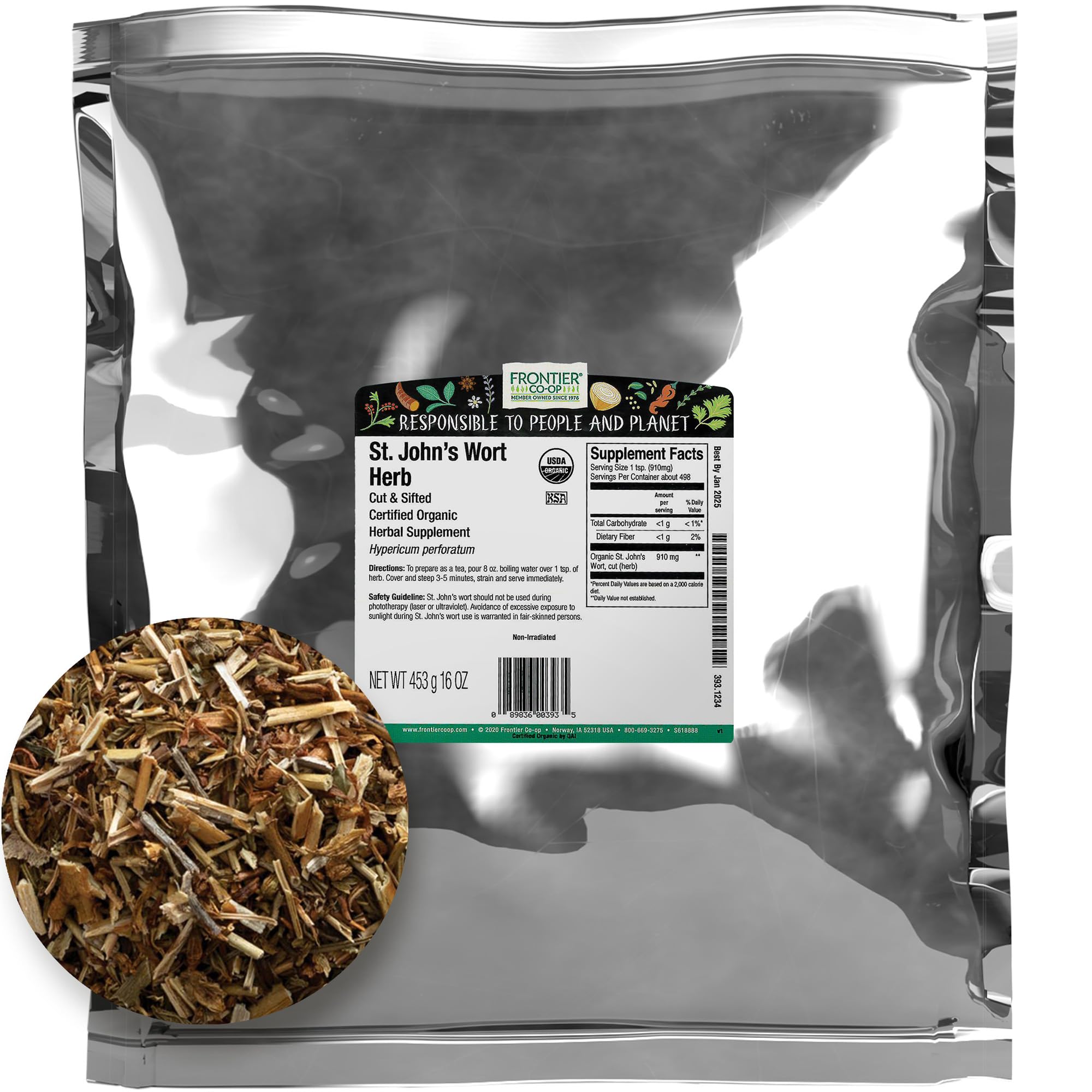 Frontier Co-op hipérico de San Juan, corte y sifado para infusiones.