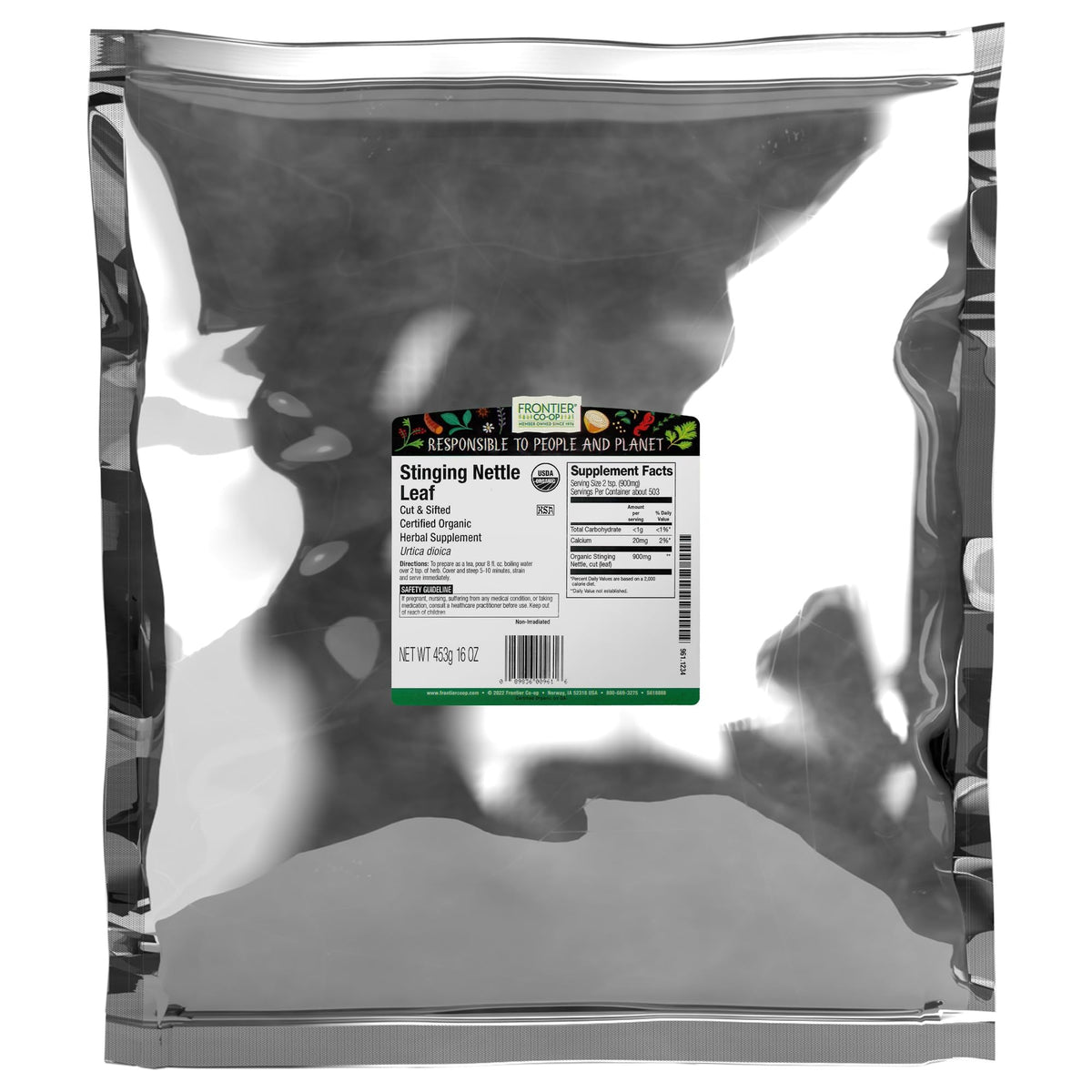Frontier Co-op Ortiga: hoja cortada tamizada lista para infusión y sabor herbal.