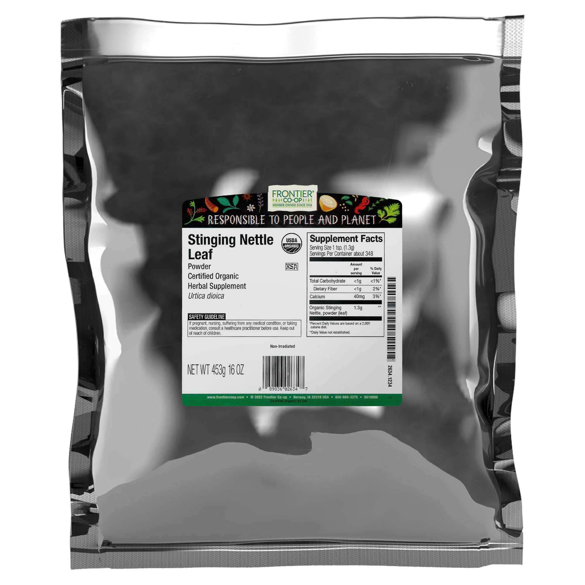 Frontier Co-op Ortiga orgánica en hoja seca, ideal para infusiones herbales.