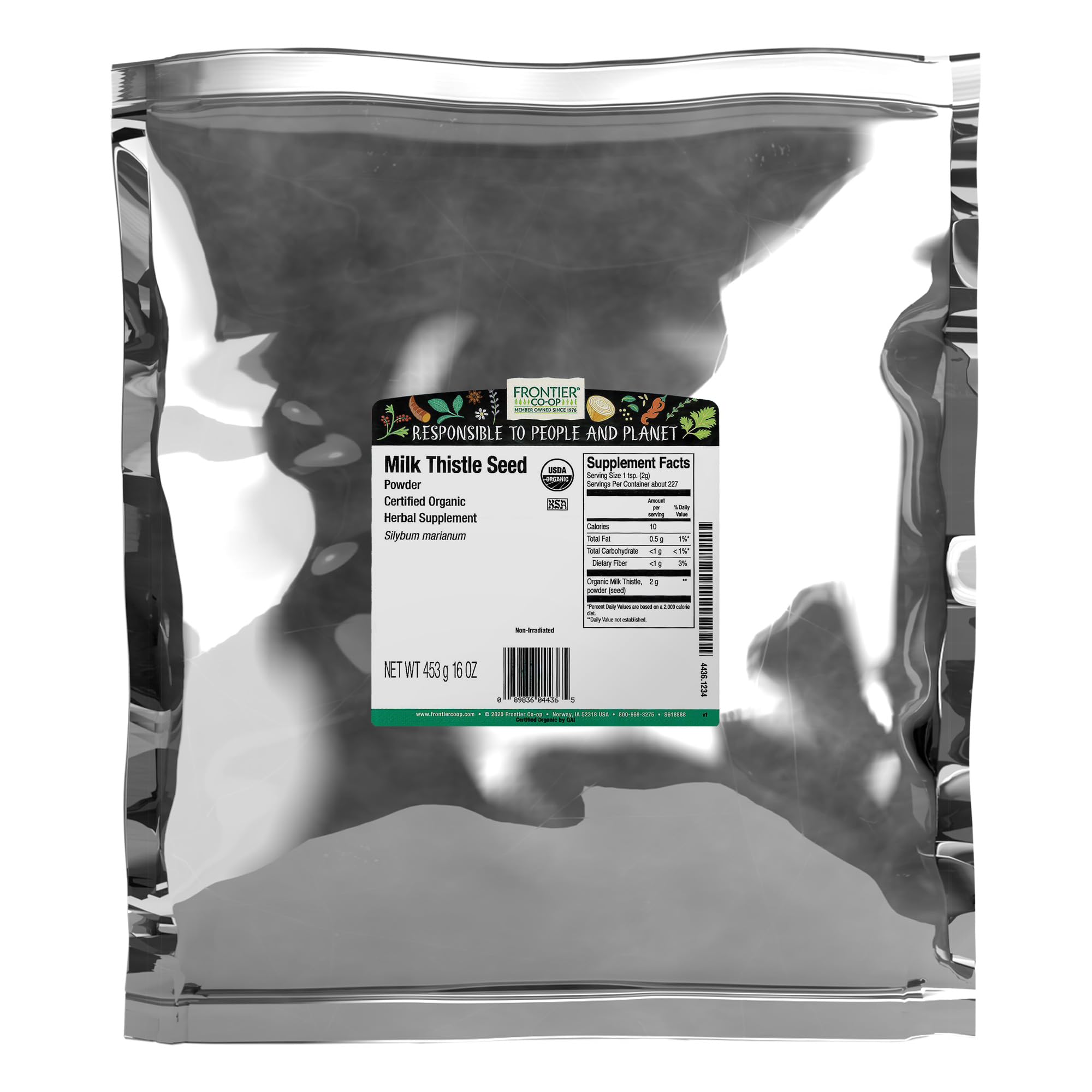 Frontier Co-op polvo de cardo mariano orgánico, bolsa de 1 lb para batidos