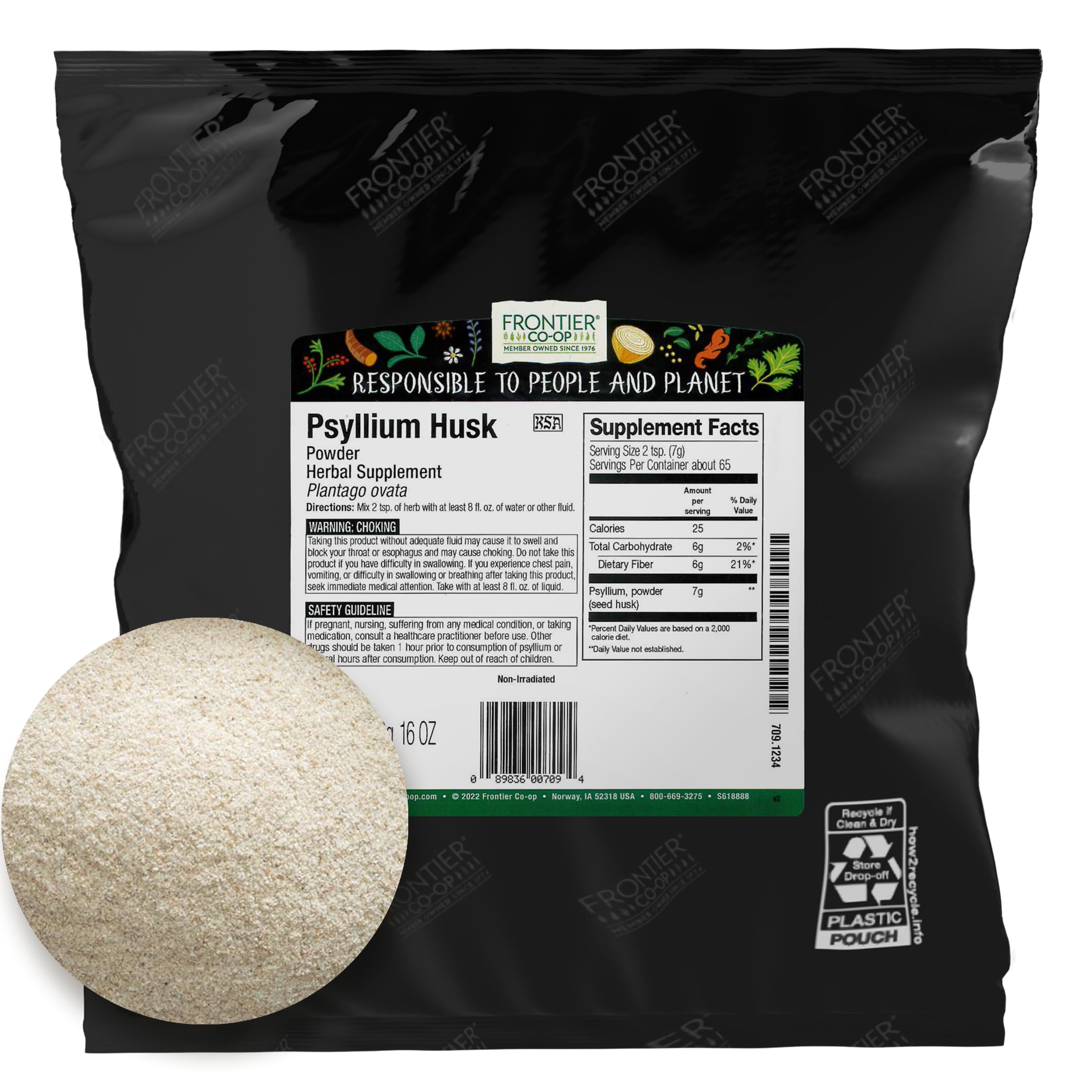 Polvo de psyllium Frontier Co-op, ideal para hornear sin gluten y mezclas herbales.