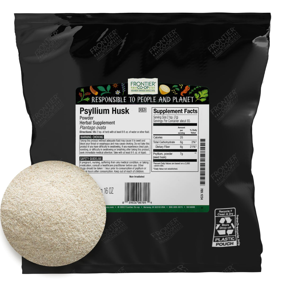 Polvo de psyllium Frontier Co-op, ideal para hornear sin gluten y mezclas herbales.