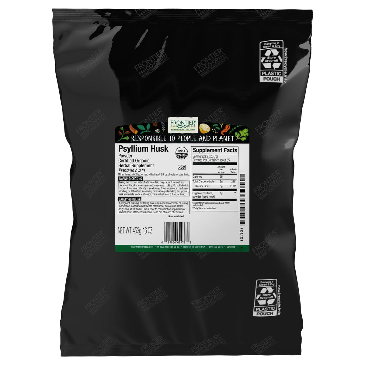 Frontier Co-op polvo de psyllium en envase frontal, ideal para espesar horneados y cremas