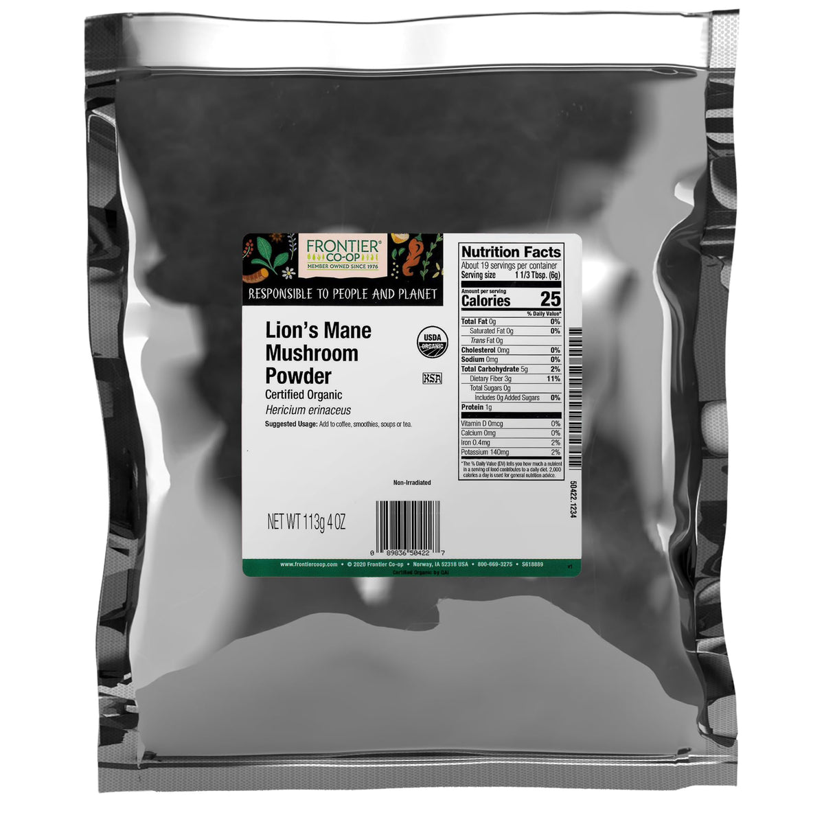 Frontier Co-op polvo melena de león orgánico en bolsa, listo para añadir al café