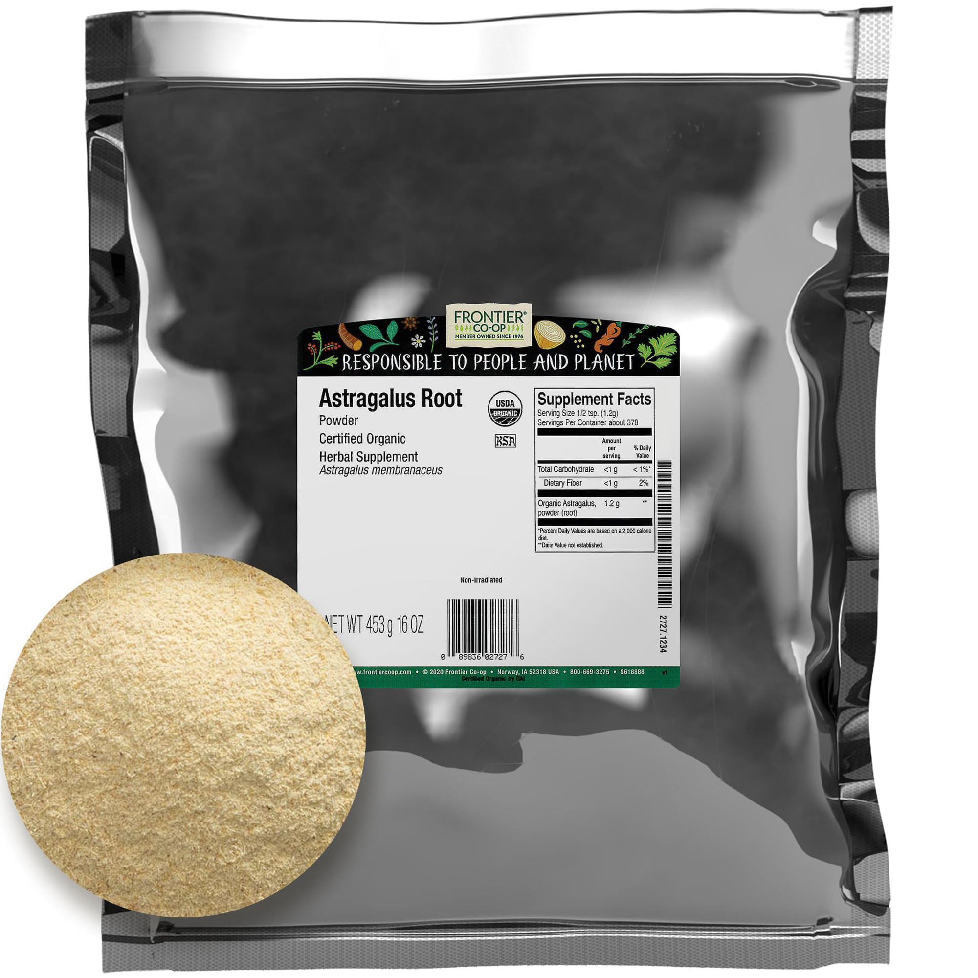 Polvo fino de la raíz de Astrágalo de Frontier Co-op, ideal para tés e infusiones.