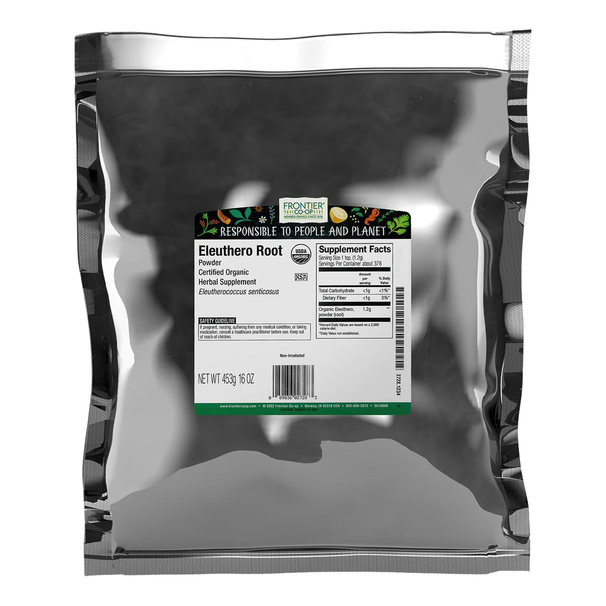 Polvo de raíz Eleuthero de Frontier Co-op, textura fina para mezclar en bebidas.